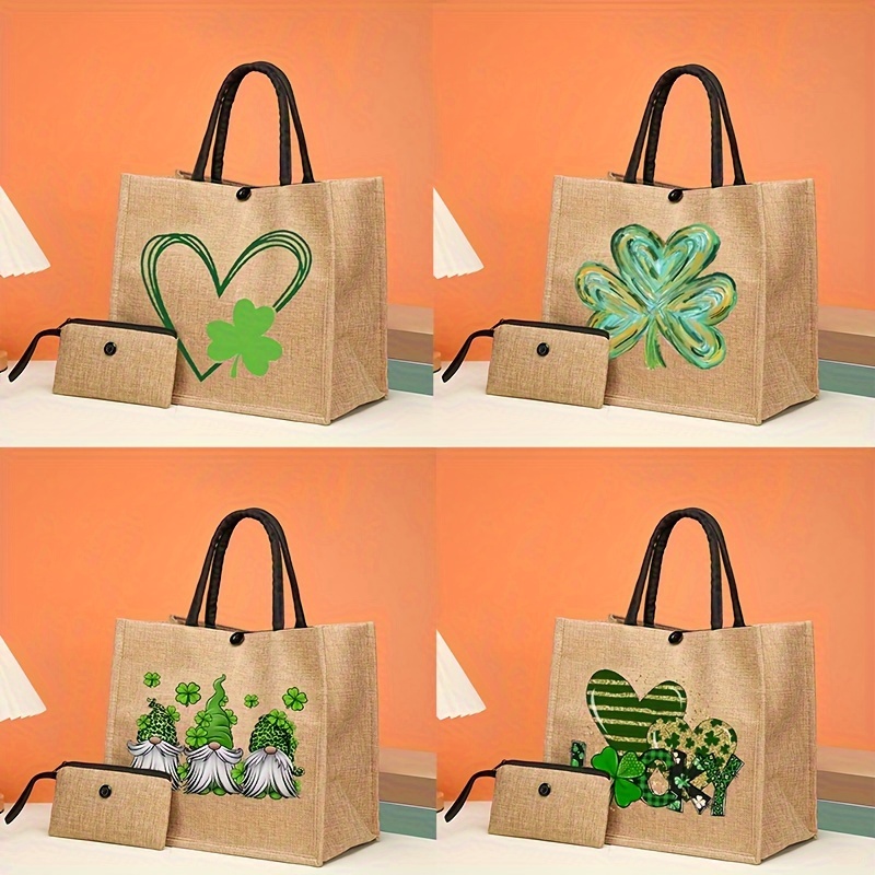 

2pcs St. Patrick's Day Tote Bag Set, Lightweight Burlap Shopping Bag, Four-leaf Clover And Green Love Print Travel Beach Bag With Makeup Bag