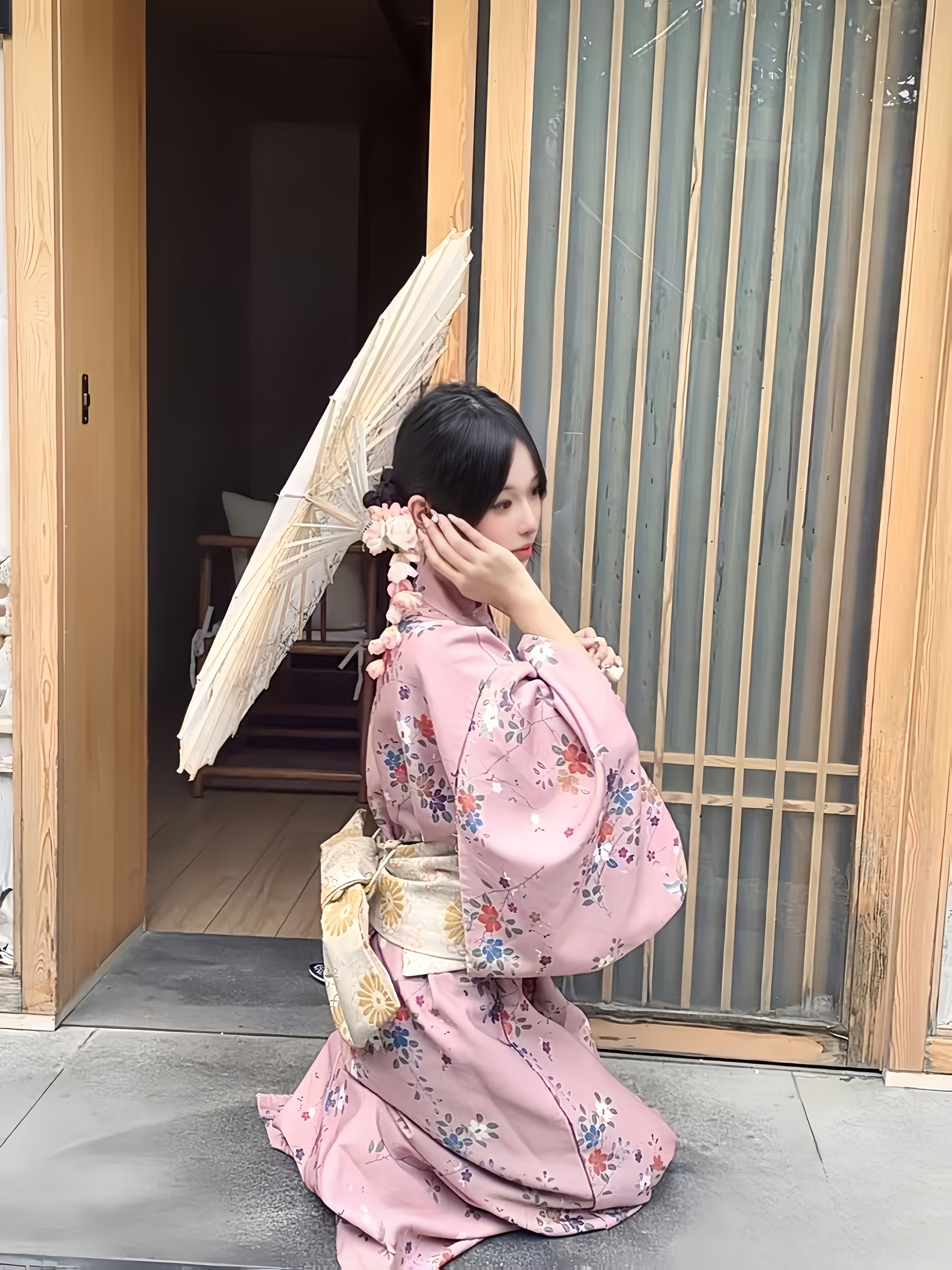 traditional japanese kimono elegant pink floral dress white Temu