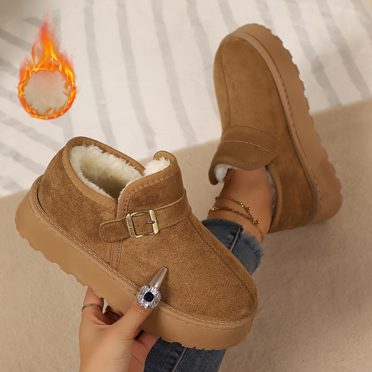 Women's Thick Platform Winter Boots with Strap Non-Slip Rubber Sole,  Beige/Tan Warm Cushioned Insole for Cold Weather, Everyday Formal Ou