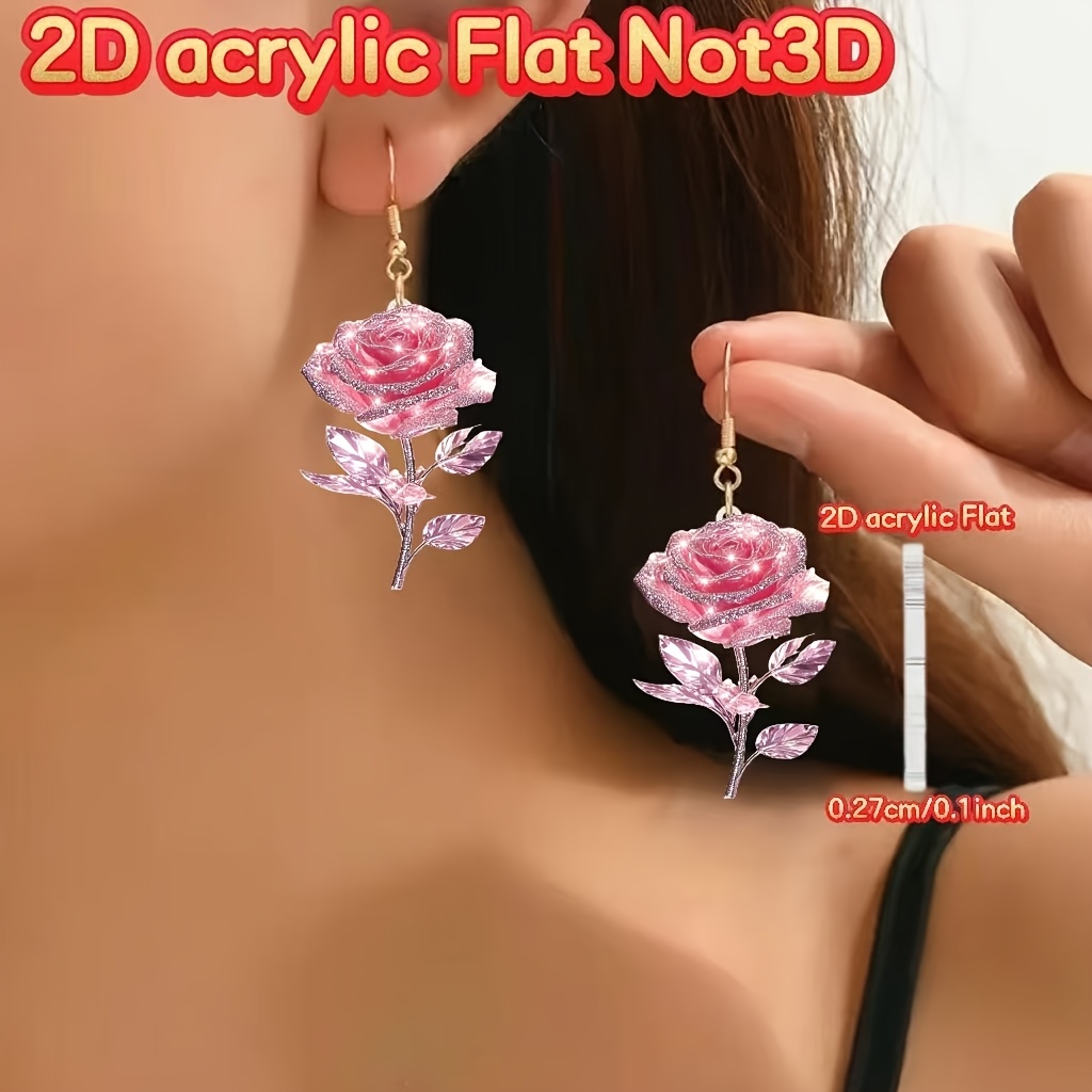 Women's 2D Flat Pink Rose Pattern Dangle Earrings