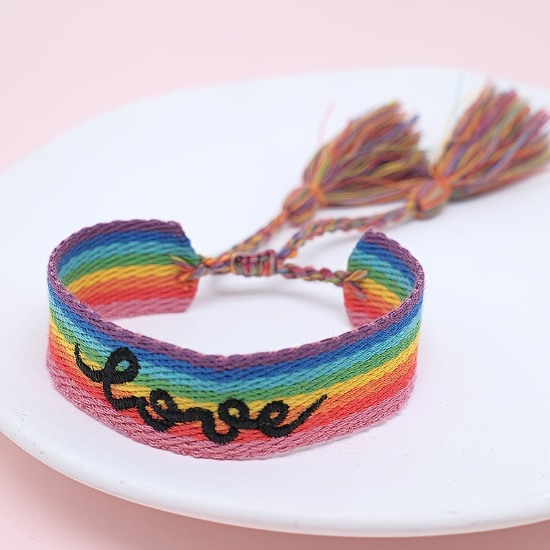 Bohemian Style Letter Embroidery Tassel Rainbow Cord Bracelet