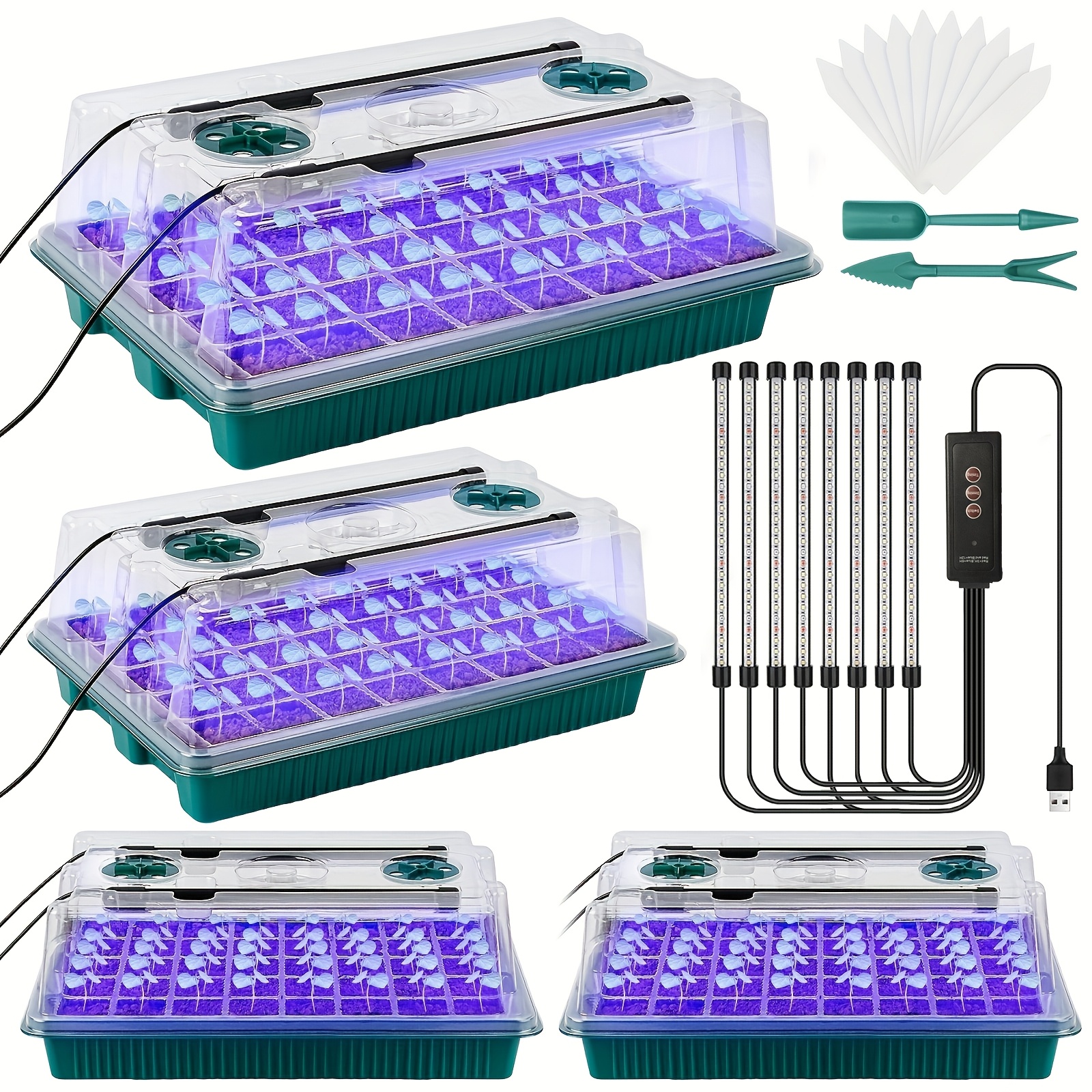Image of 4 Seed Starter Trays With High Dome Germination Kit - 160 Cells, 8 Led Grow Lights, And 3 , Suitable For Home And Indoor Greenhouse Seedling Starter Kit