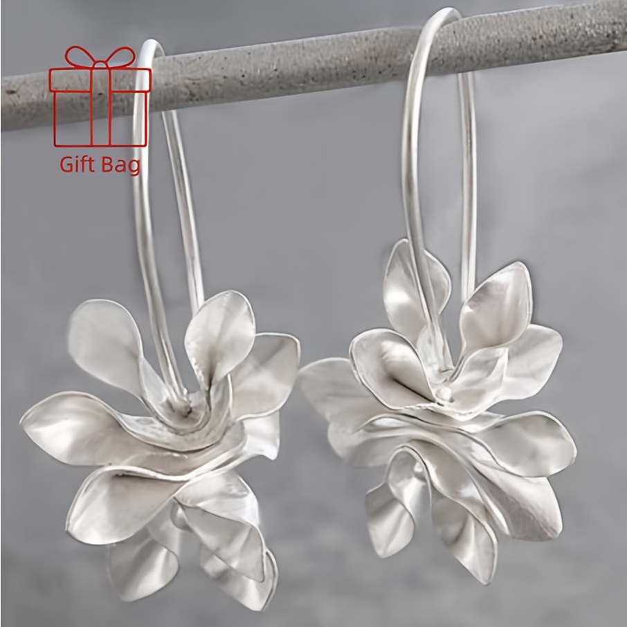 TEMU 925 Silver Bohemian Vintage Royal Floral Earrings, Elegant Design With Intricate Details - Retro Boho Chic Jewelry, Adjustable Lightweight