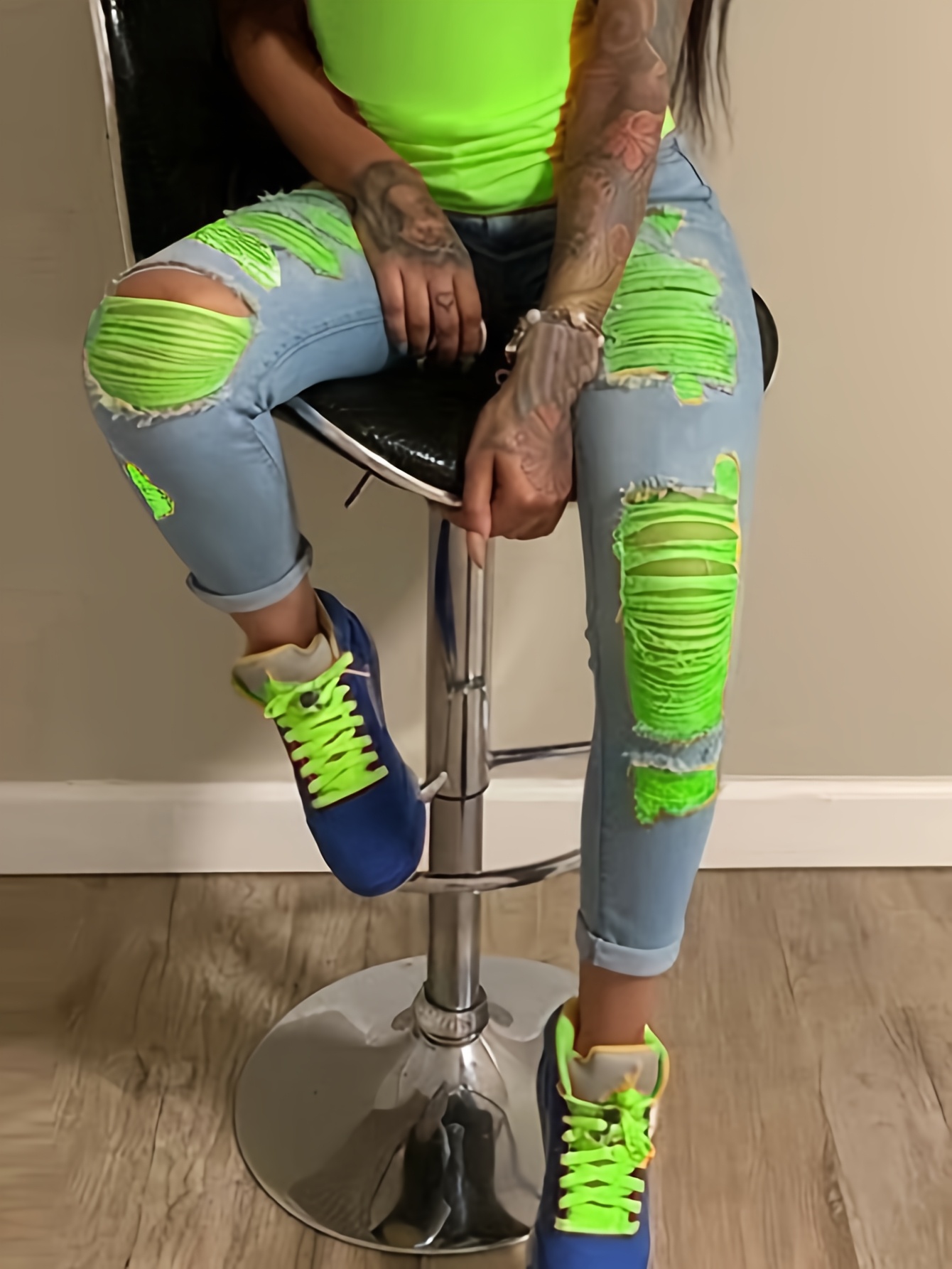 Women Distressed Jeans Wo* Waist Stretch Denim Pants Color Ripped Yellow  Detail Skinny Jean For Women