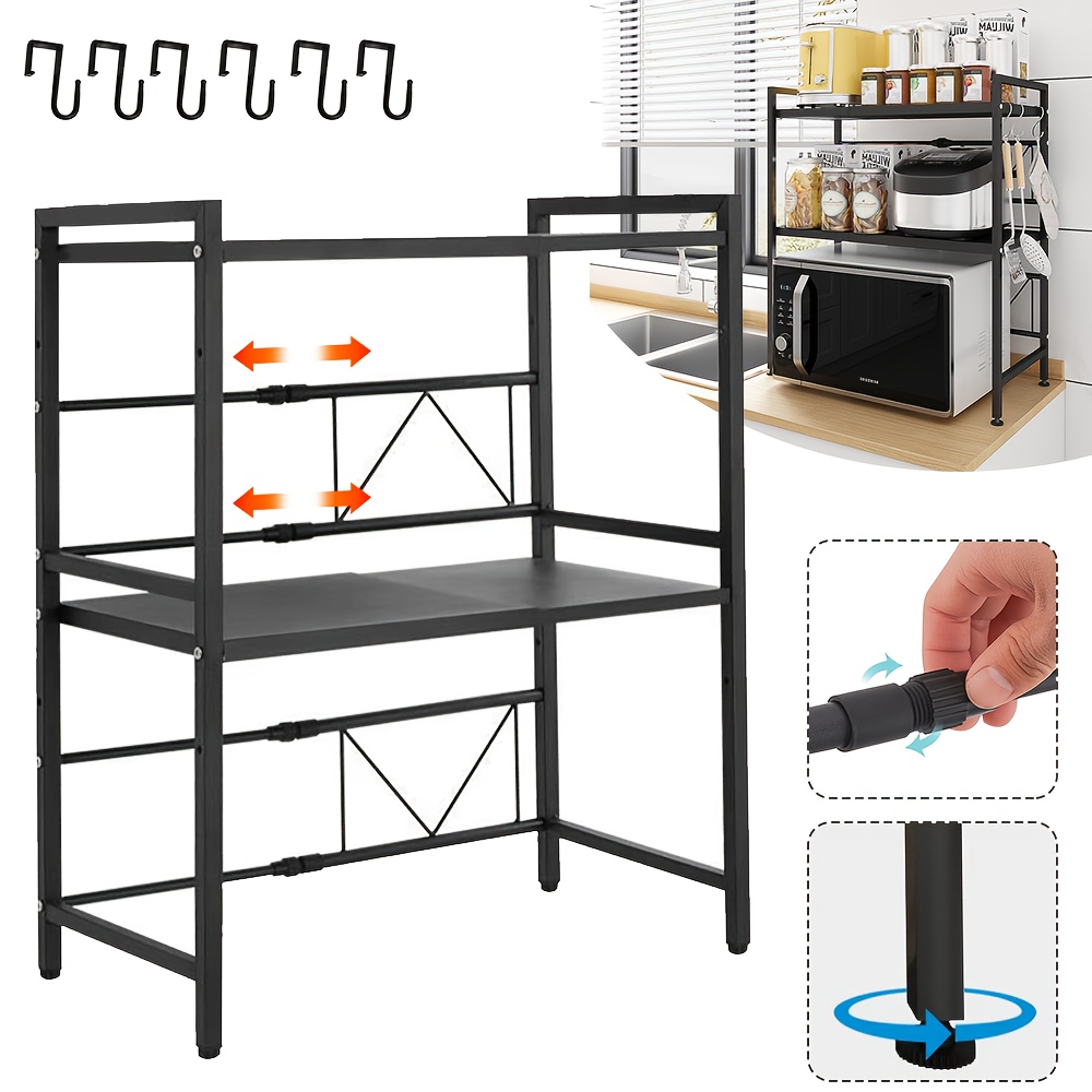 TEMU 2-tier Expandable Rack Microwave Oven Rack For Kitchen Countertop - Carbon Steel Shelf With 6 Hooks, Knife Holder, Organizer, Space-saving
