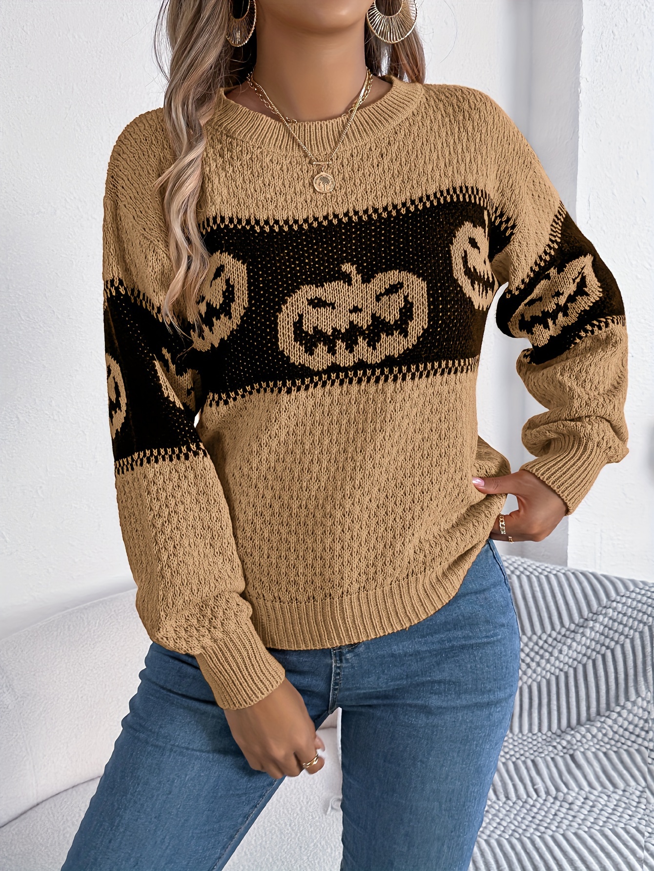 Pull Halloween Femme Avec Yeux Imprimés - Color Block, Poches, Manches Longues, Taille Grande, Décontracté - 3