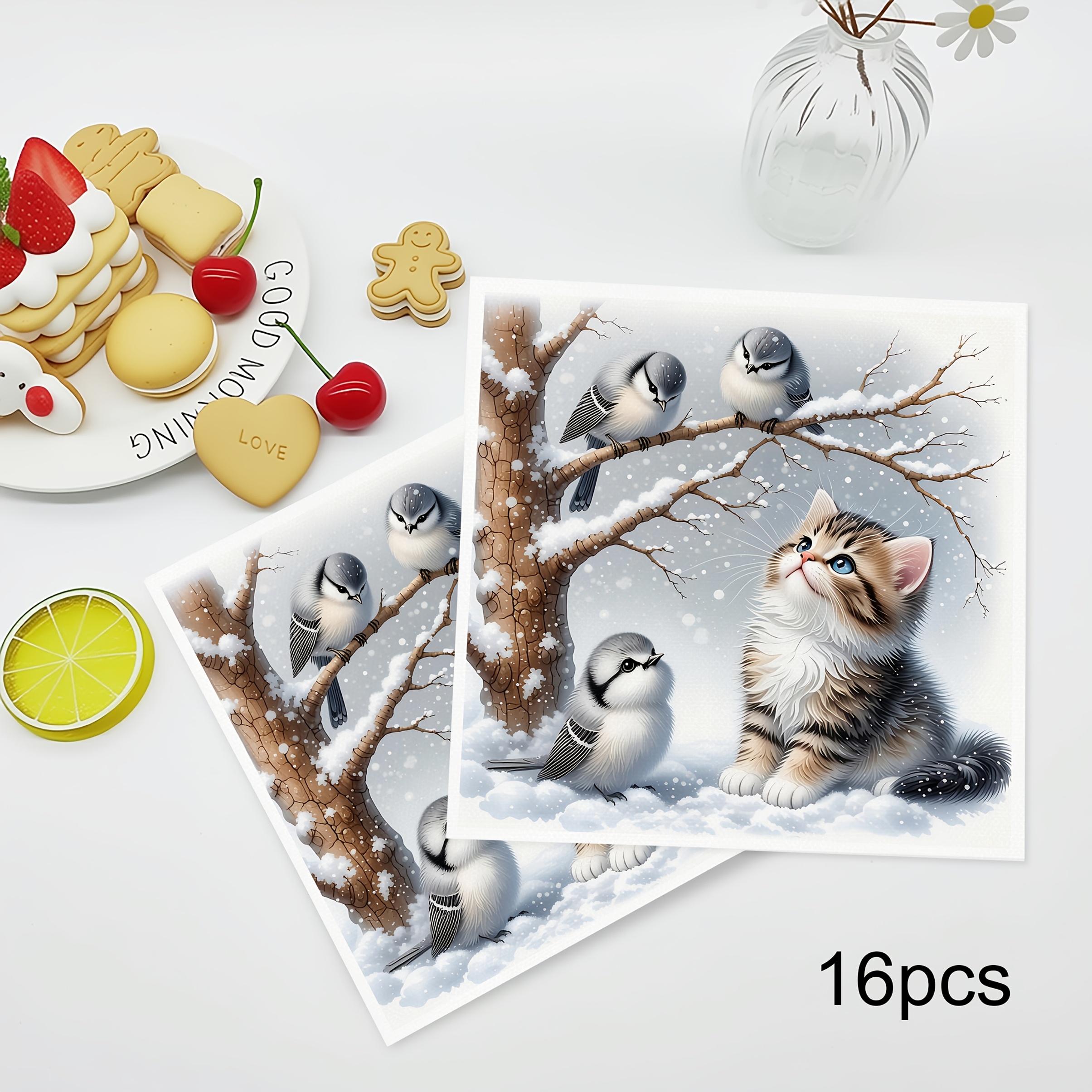TEMU 16pcs Kitten Pattern Dust-free Napkins, 12.5 X 12.5 Cm Disposable Thickened Tissues, Soft Absorbent Premium Napkins, Suitable For Hotel,