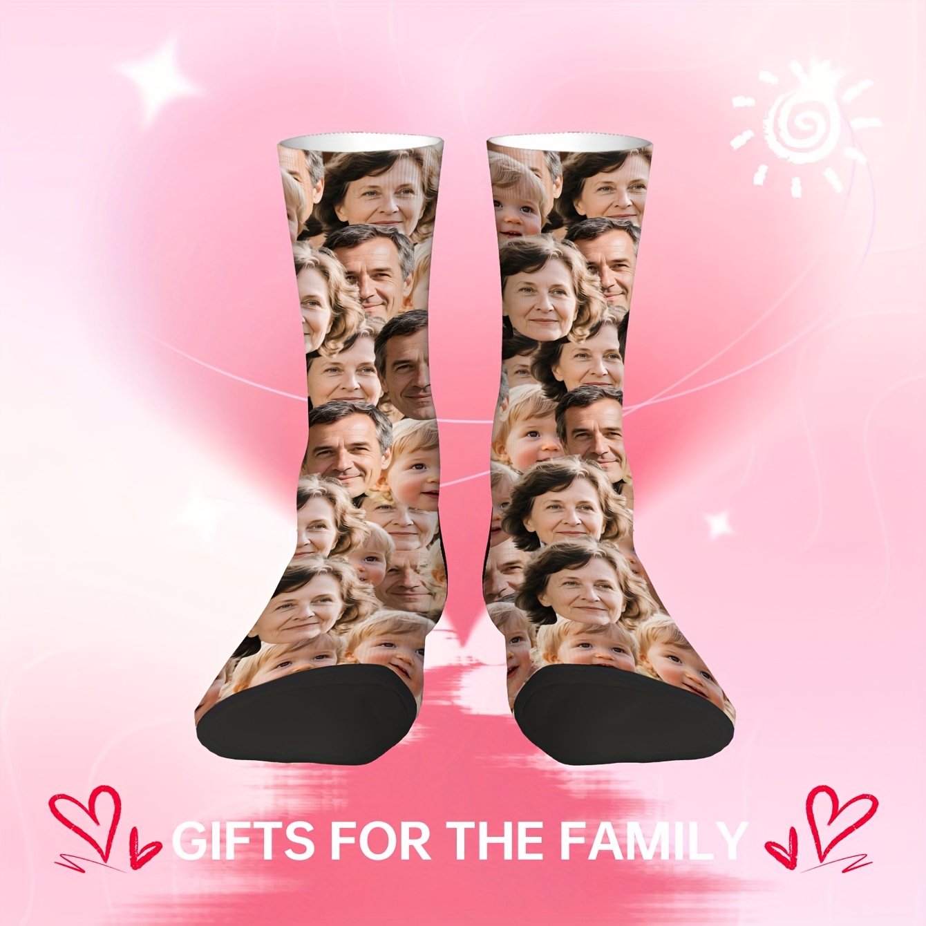 TEMU 1 Pair Personalized Photo Socks - Custom Family Portrait Mid-calf Socks For , 's Day Gift, Polyester Fabric, Hand Wash Only, Cute Socks