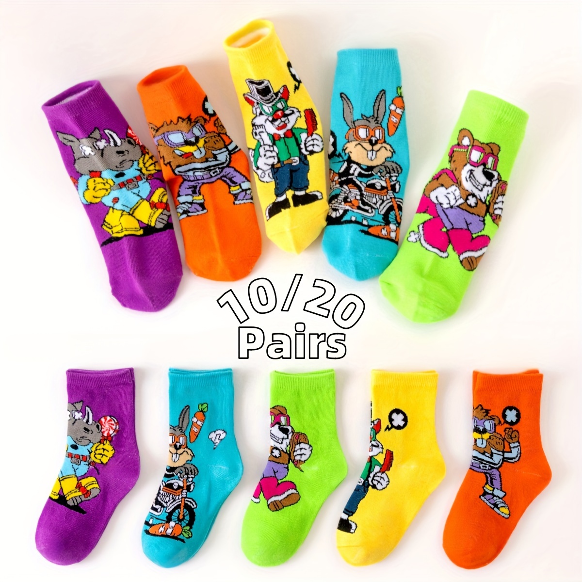 

10/20 Pairs Of Kids' Socks - Cartoon Animal Designs, School Or Play - Machine Washable - Made With Polyester And Nylon