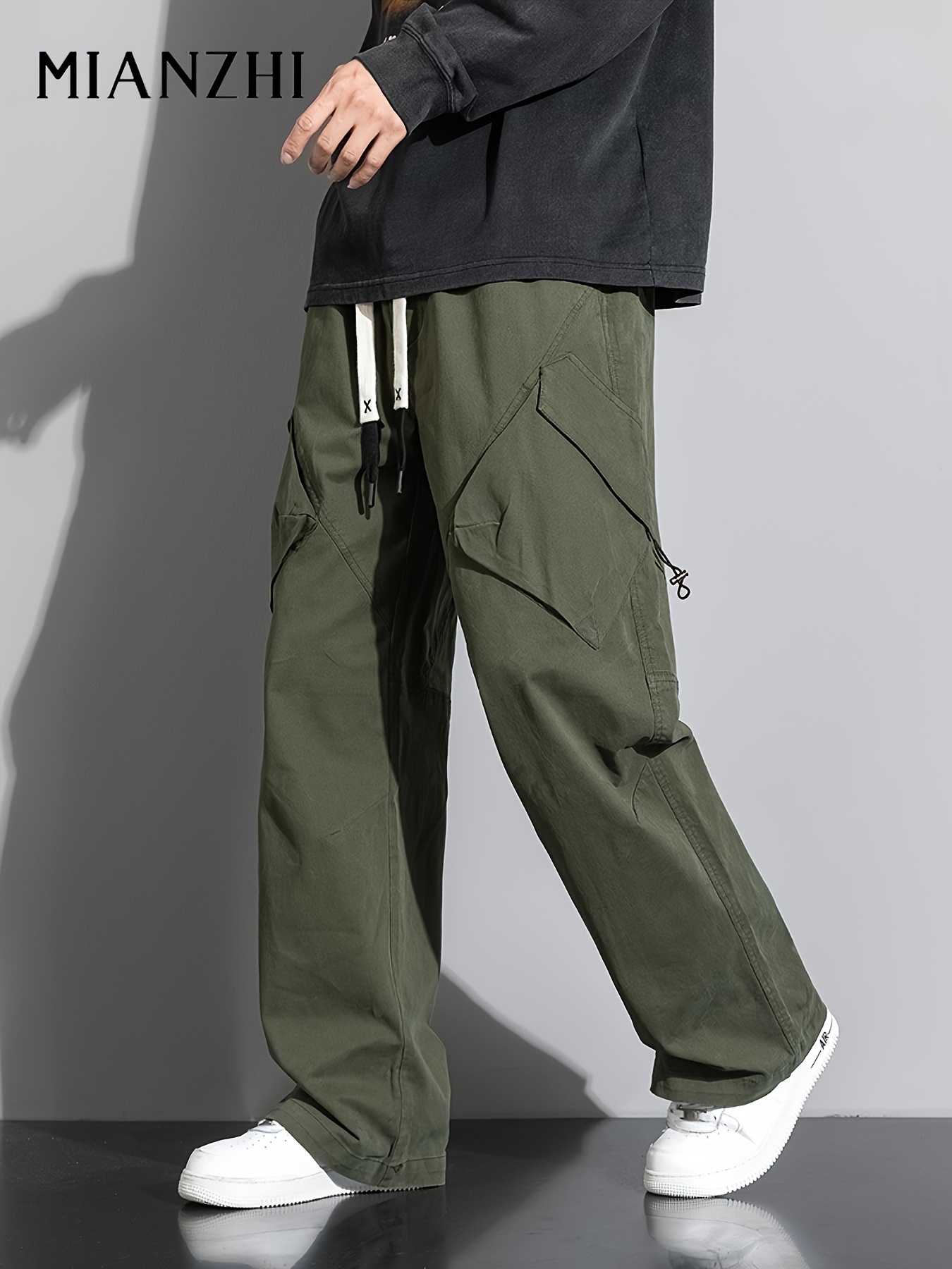   Men S Straight-Leg Workwear Pants - Beige Non-Stretch Trousers with Drawstring Waist,  -  Formal & Everyday Pants for Office, Construction, Travel - Autumn Casual Pants with Knee-Length Cut, Work Pants, Travel Clothing, Solid  , Smooth Texture