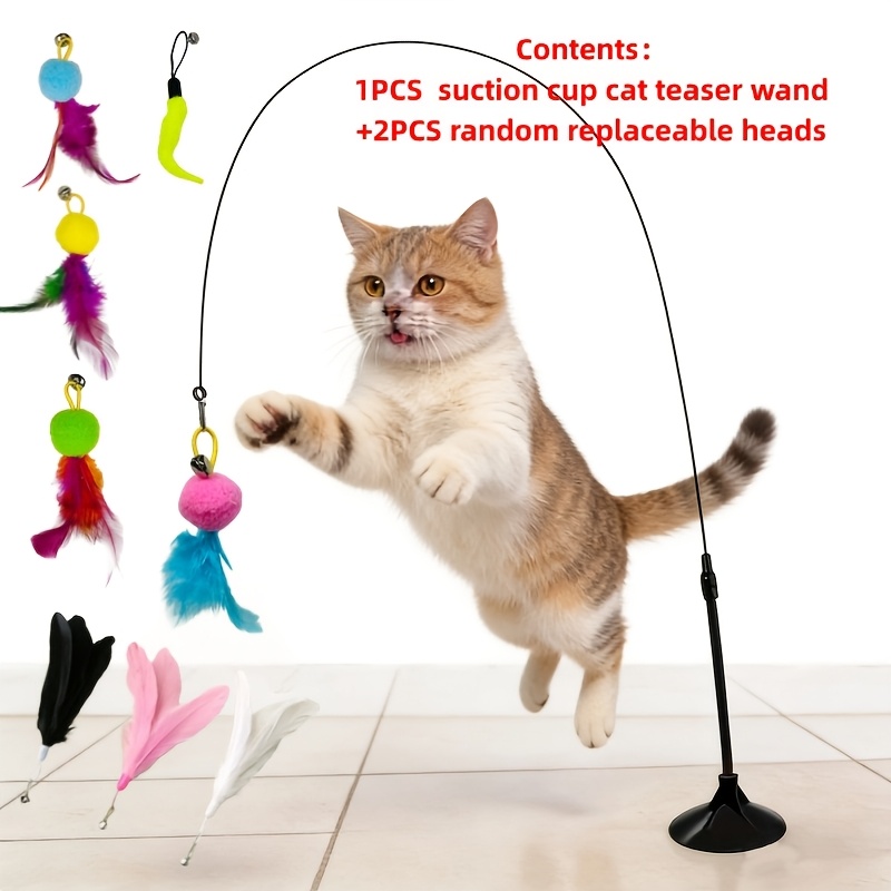 TEMU Interactive Suction Cup Cat Teaser Wand With Long Handle - Cat Toy, Includes Replaceable Artificial Feather Head , Replacement Head Color/style