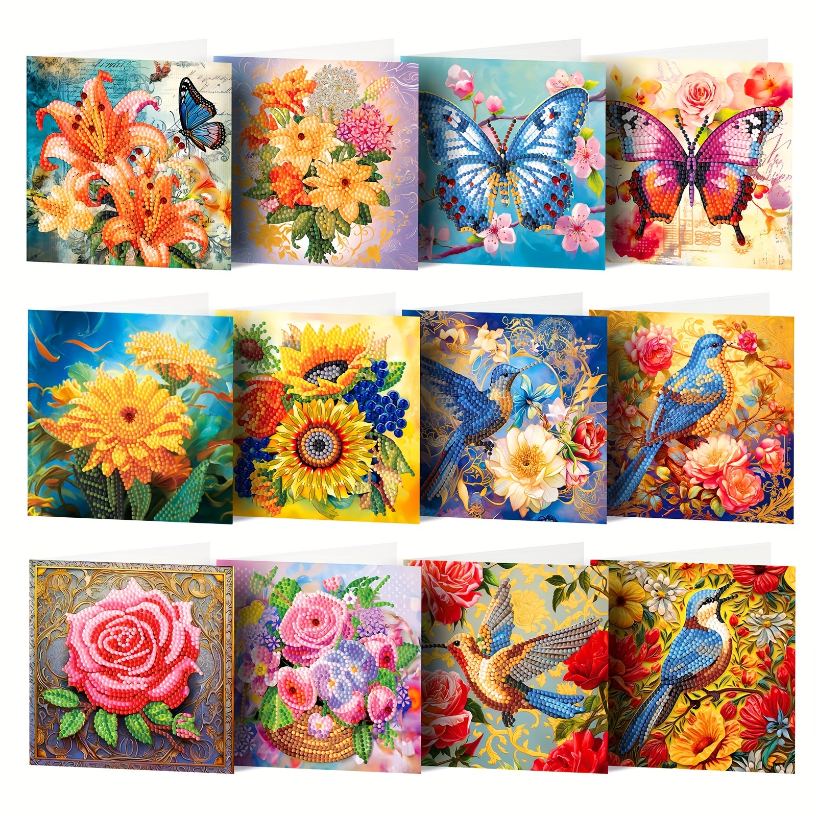 

12pcs Handmade Diy Creative Flower And Bird Series Paper Card Greeting Card Card Unique 5d Craft Mosaic Art Set Holiday Party Invitation Card, Write Beautiful Wishes For And Exchange Cards