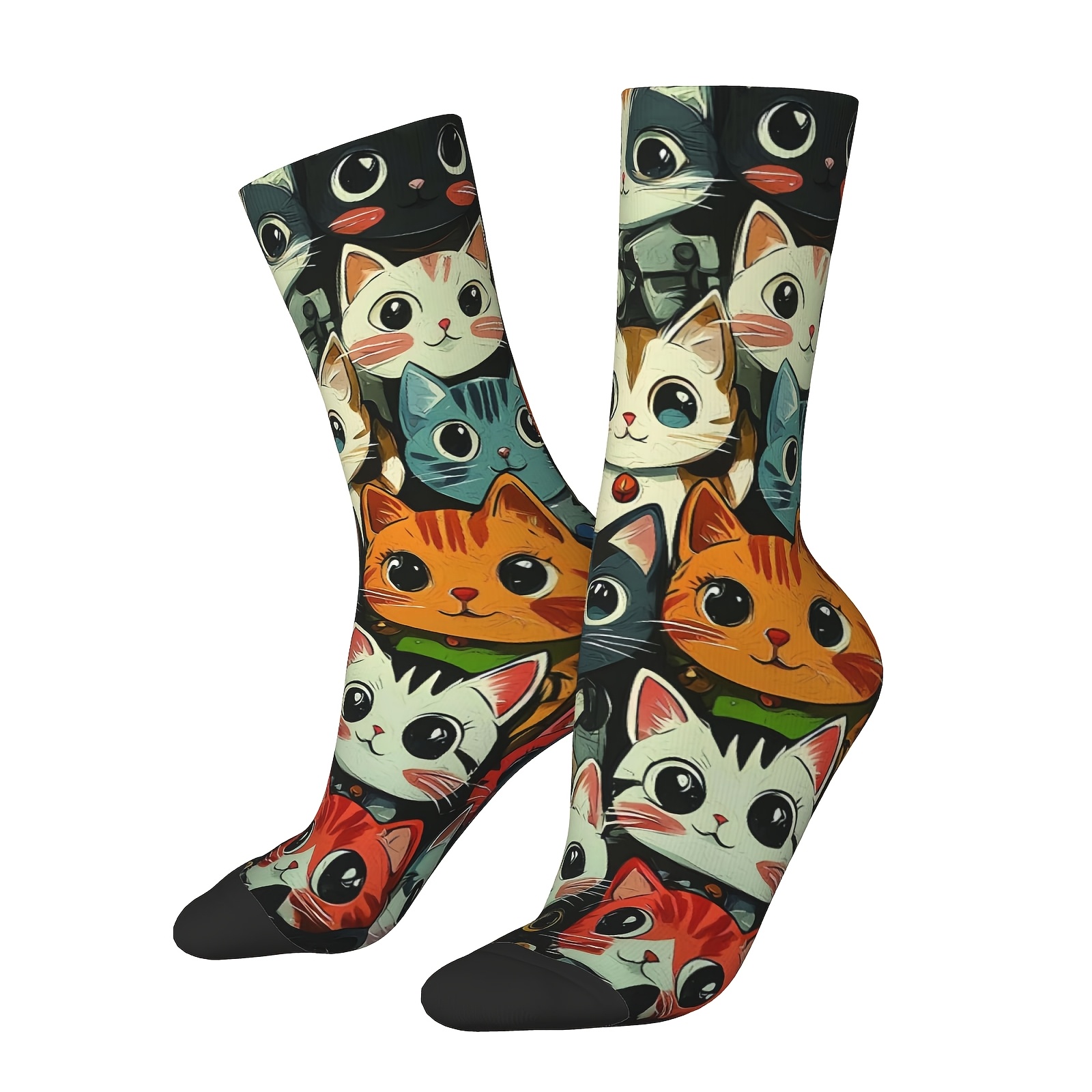 TEMU Unisex Outdoor Sports Socks With Cat Print, Mid-calf Length, Machine Washable, Comfortable And Breathable, Fashionable For And Daily Wear