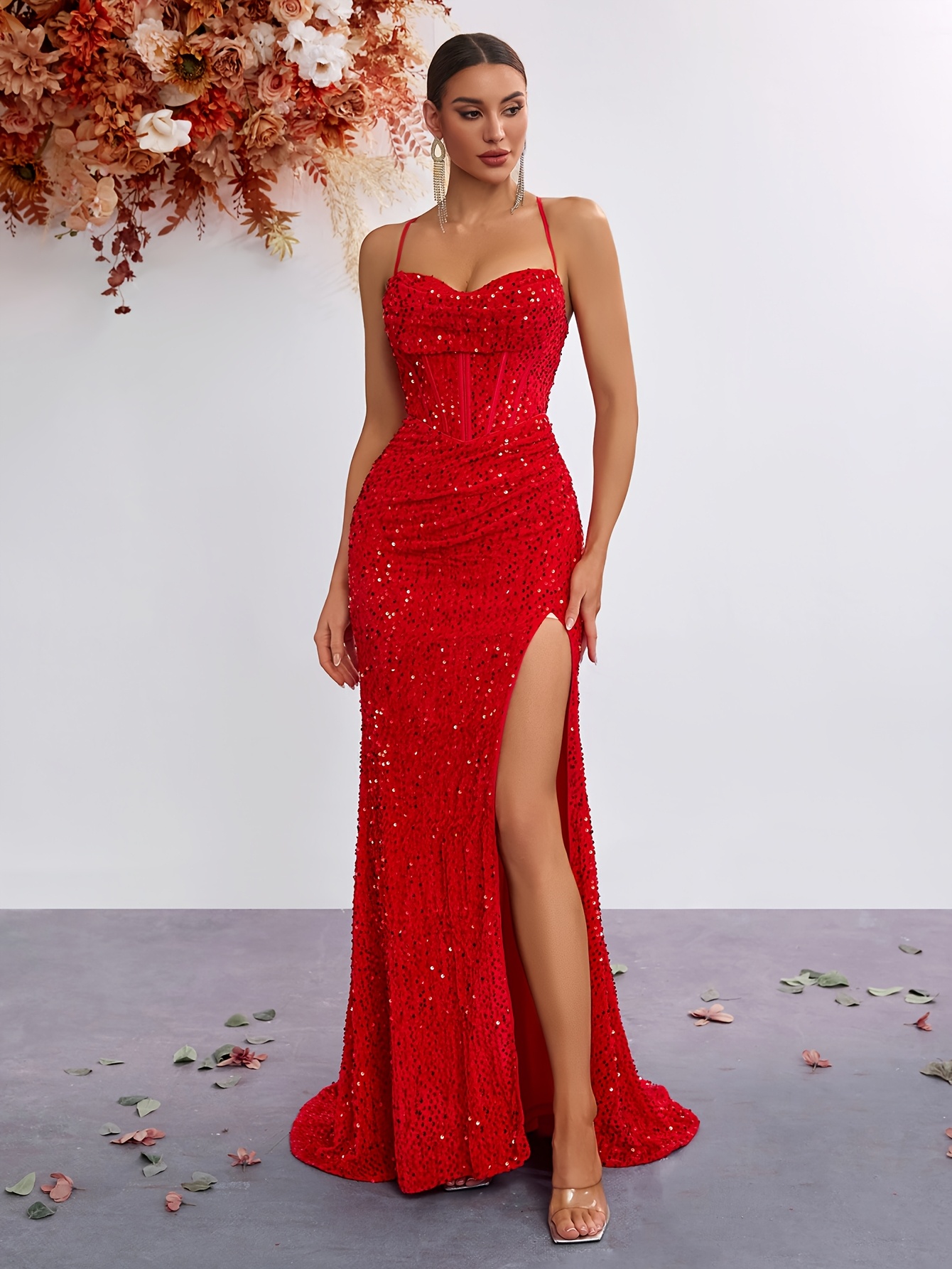 a long evening gown women featuring sequins thin straps a - Temu