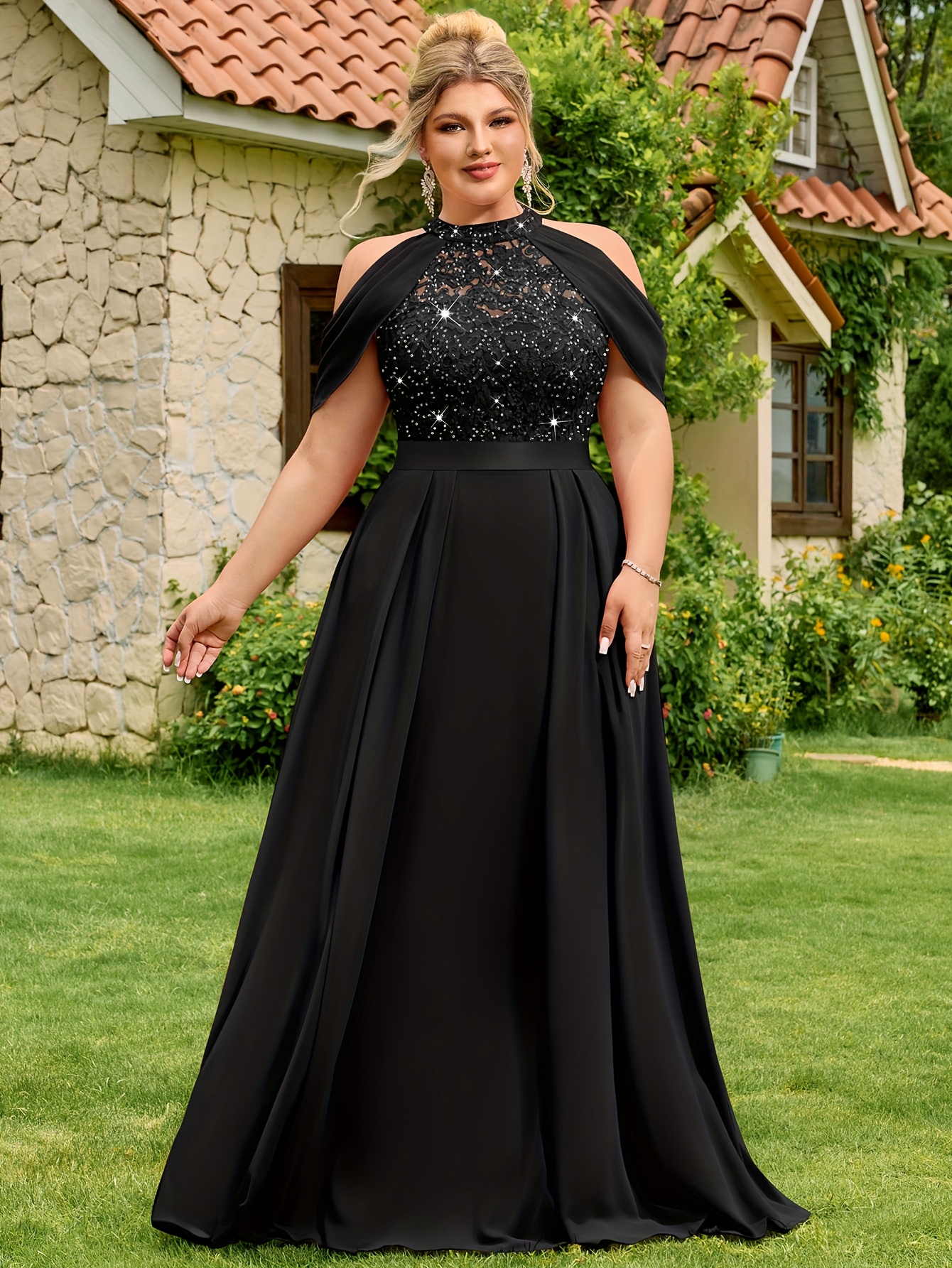 plus size plus size new popular elegant halter neck sequin - Temu