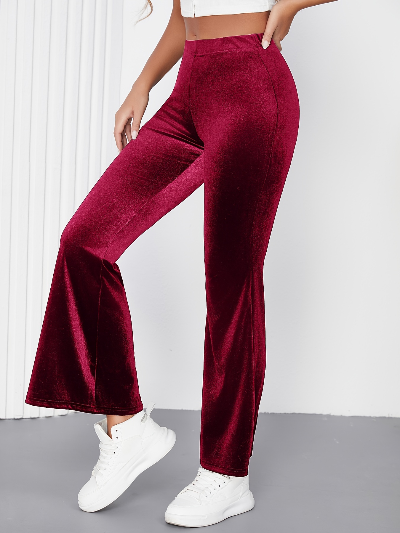 Red Velvet Velvet High Waisted Trousers Women'S Velvet Flare Pants