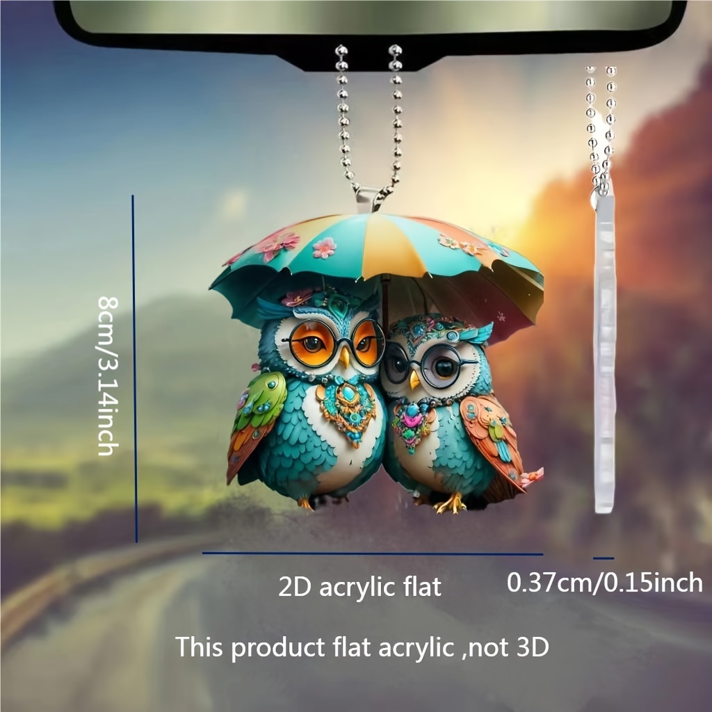 

1pc New 2d Couple Owls Flat Acrylic Car Rearview Mirror Pendant, Fashionable Home Accessory Pendant, Bag And Keychain Accessory Decoration.