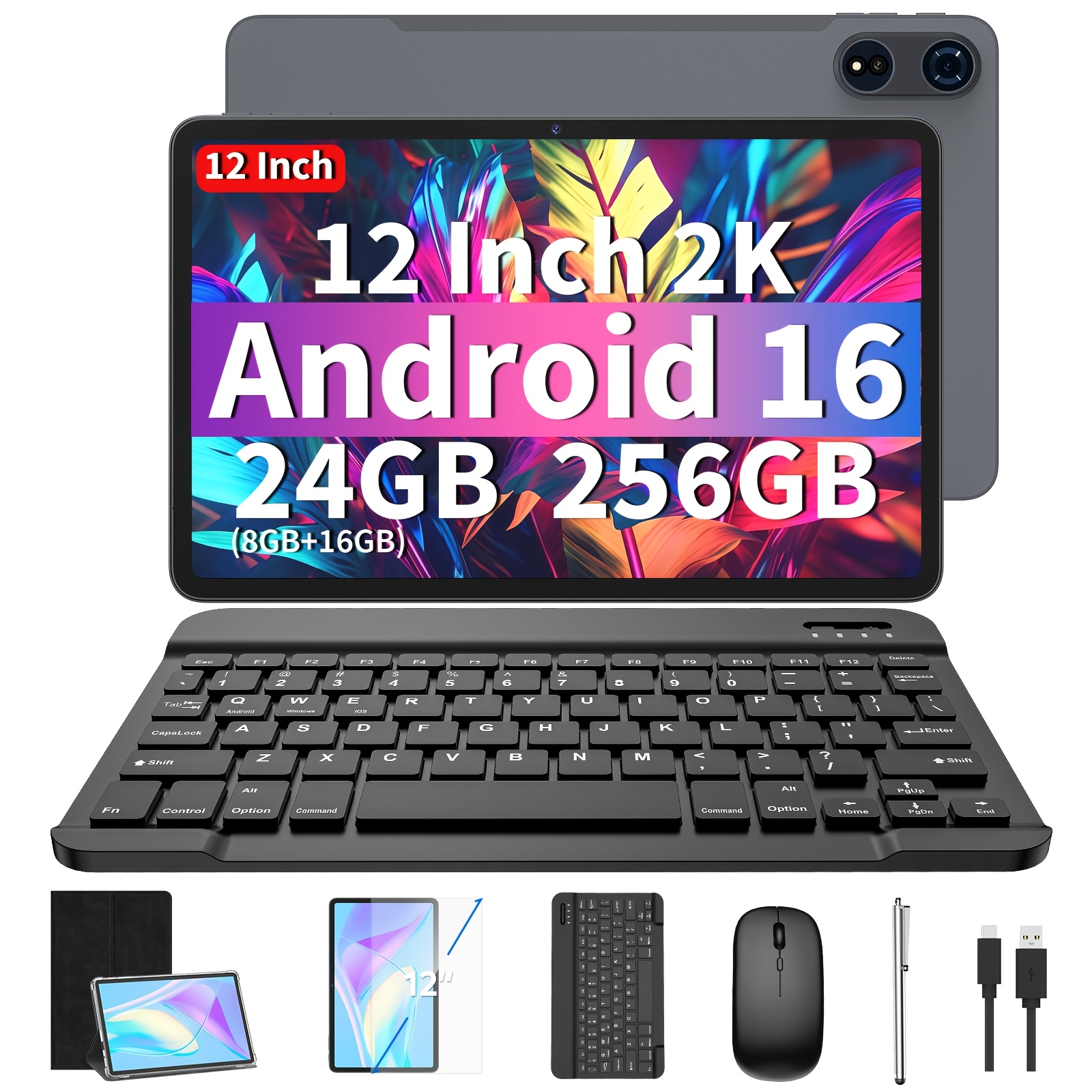TEMU 12-inch 16 Tablet, Tablet met Toetsenbord, 24GB (8GB+16GB) RAM+ 256GB ROM, -Core CPU, 2K IPS-scherm, Tablet met Draadloze Muis, Hoes en Stylus
