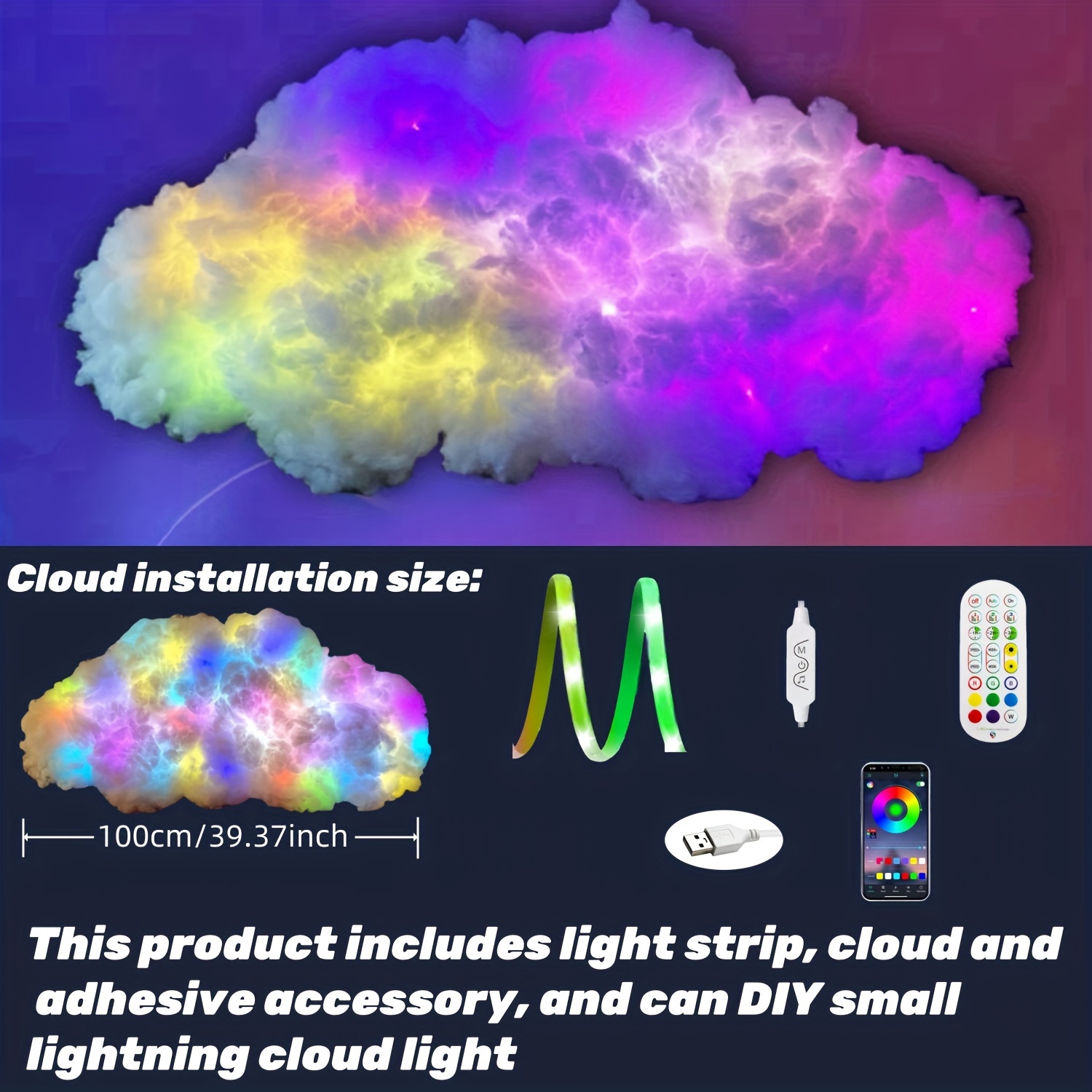 39.37inch Smart Cloud Light, small thundercloud light, music rhythm night light, app control, indoor, bedroom, e-sports room