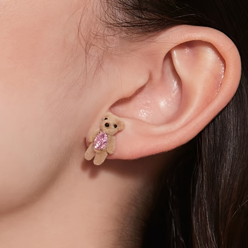Vintage Boho Velvet Teddy Bear 925 Silver Stud Earrings