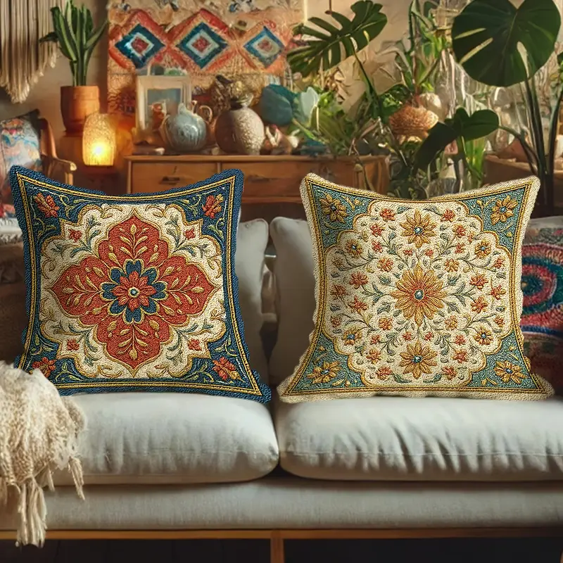 4pcs retro ethnic style throw pillow covers geometric pattern brown green beige soft polyester decorative pillow covers double sided printing with zipper closure machine washable for living room bedroom sofa bed decor no pillow core Product details 3