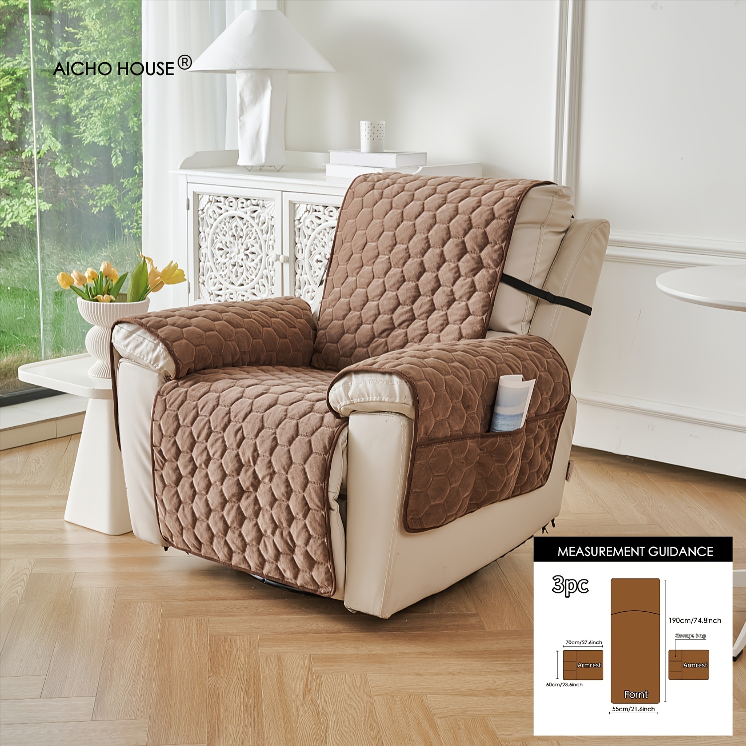 TEMU 3pcs Single Seat Sofa Cover Compatible For Furniture, Armrest Storage Pockets, Pet-friendly Machine Washable Cover With Backrest, Quilted