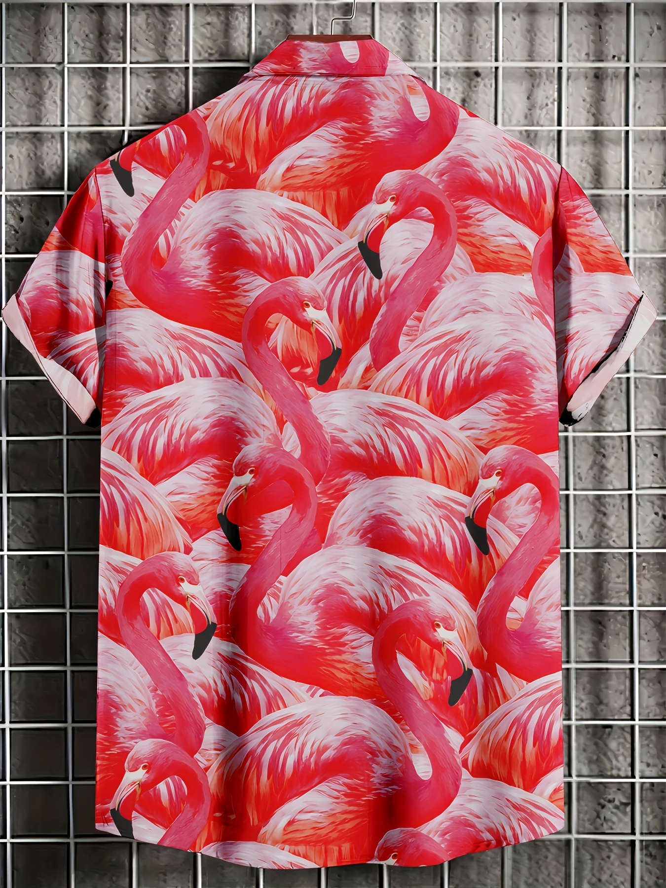 Camisa de manga corta con estampado de flamenco para hombre - Camiseta  casual * con cierre de botones * * * no elástico, per, image size:800x1067