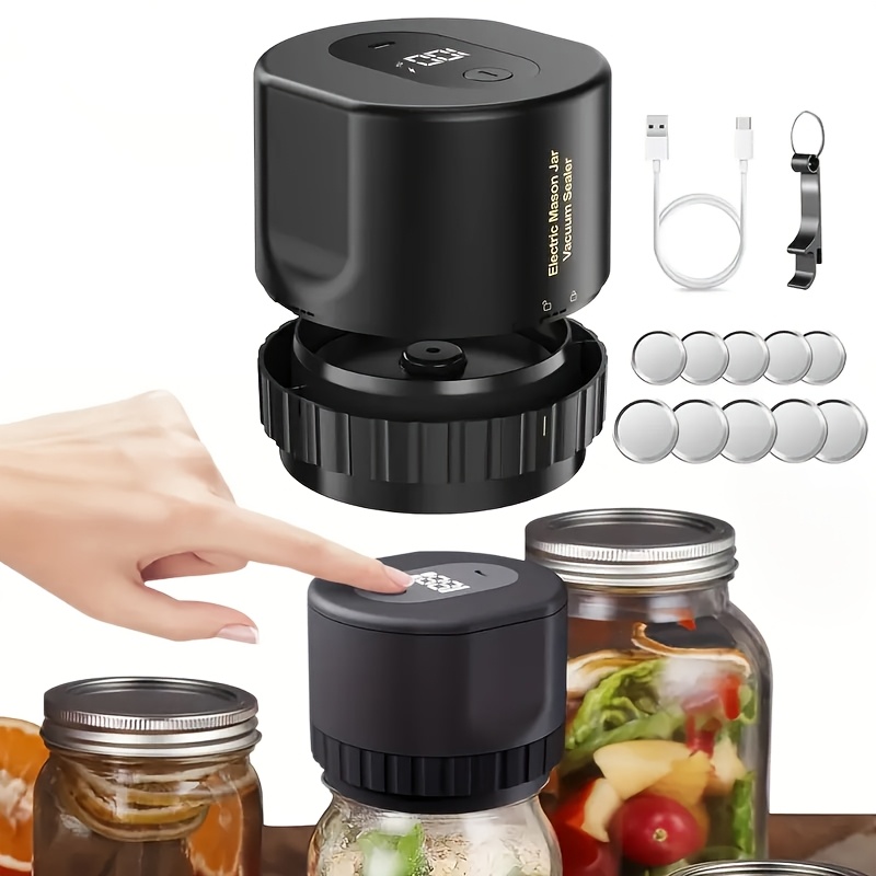 Kit de scellage sous vide pour pot Mason - Scelleur de mise en conserve entièrement automatique, scelleur sous vide électrique 3 en 1 avec couvercles à bouche large et régulière, sacs sous