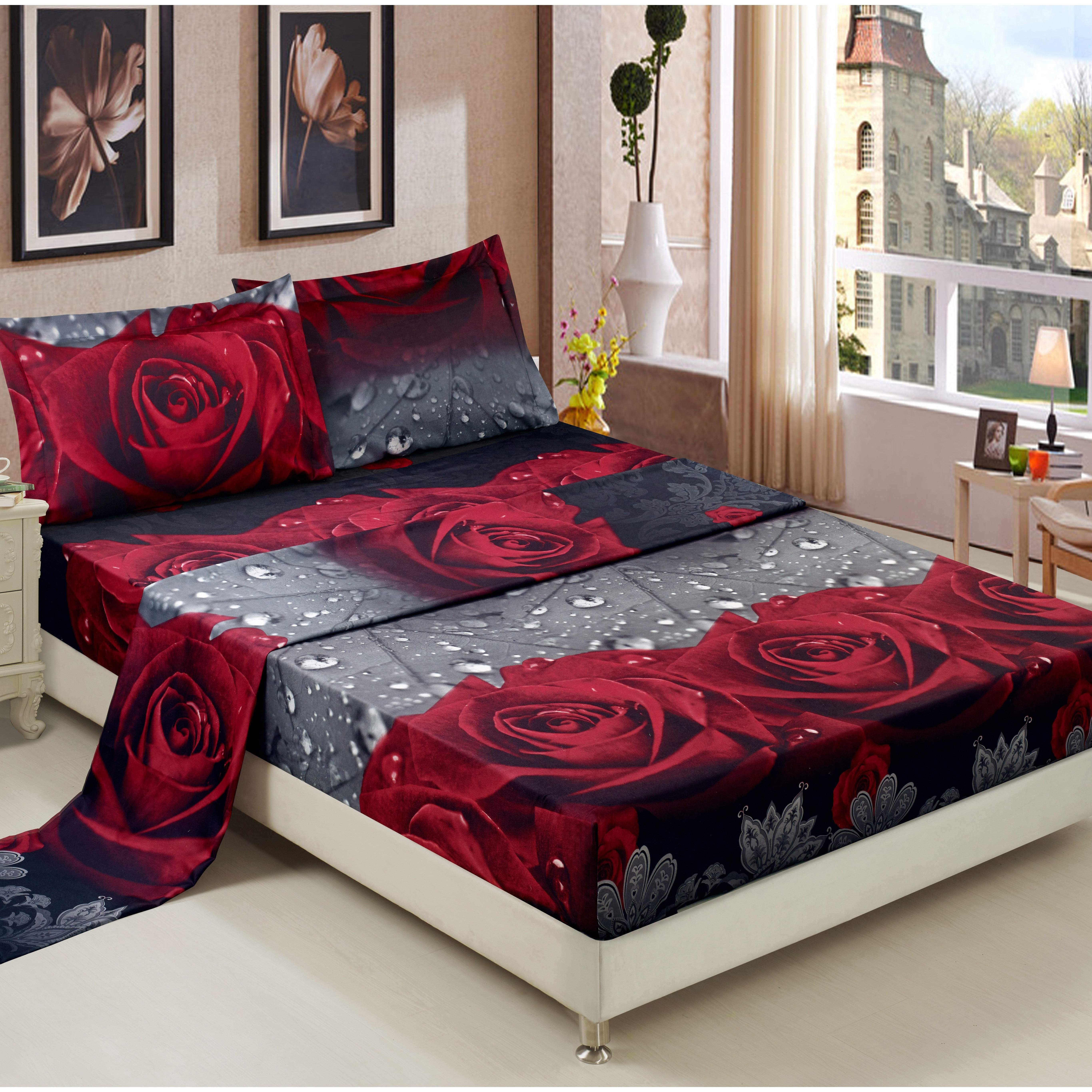 

4 Piece 3d Bed Sheet Set -3d Rose Reactive Printed Sheet Set - Soft, Breathable, Fade Resistant - Includes 1 Flat Sheet, 1 Fitted Sheet, 2 Shams