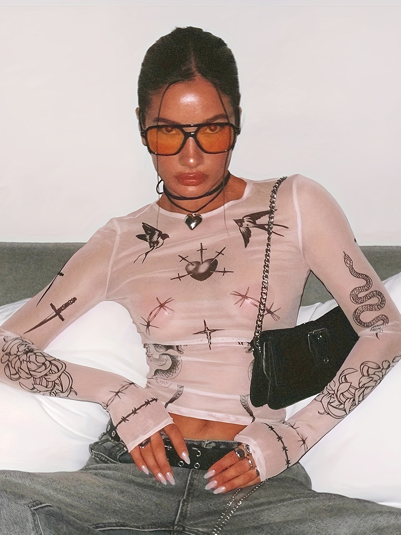 womens sheer mesh crop tattoo print summer short - Temu Mauritius