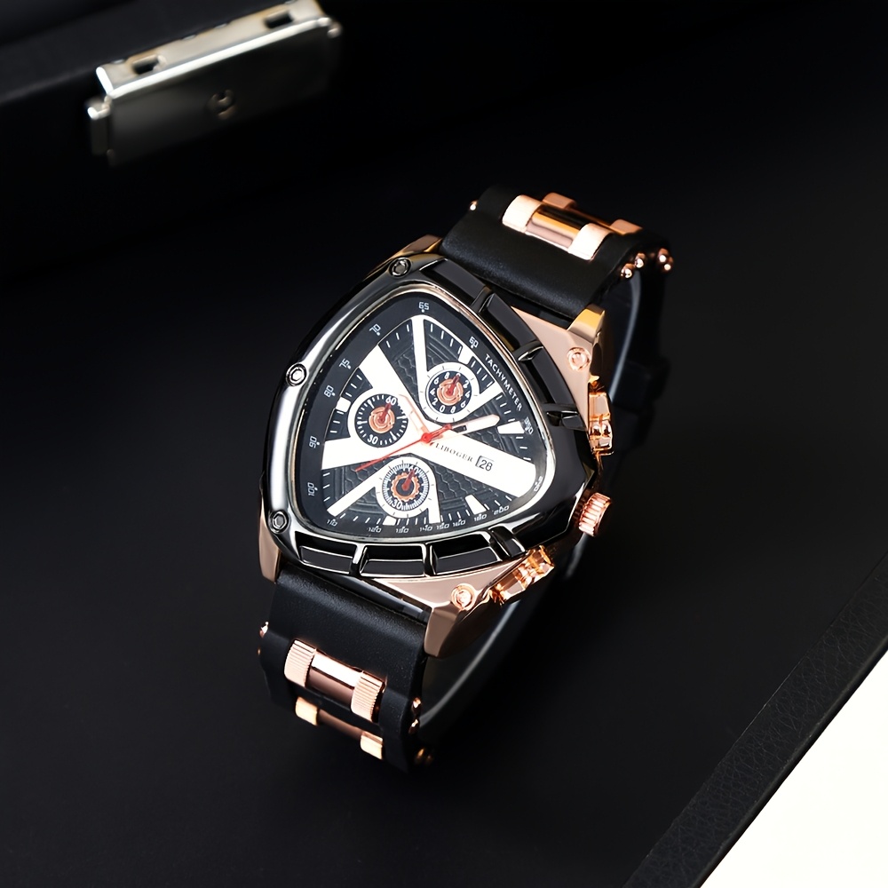 3pcs Set Men'S Quartz Watches with Silicone Strap & Date Display - Classic Triangular Dial, & Golden-Tone Case, Non-Rechargeable Battery, Casual & Sporty Wear