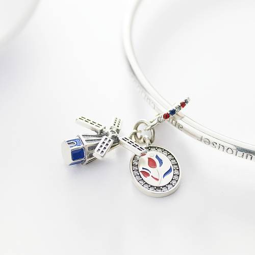1pc vintage 925 silver plated charm exquisite mill windmill tulip inlaid with synthetic cubic zirconia suitable for bracelet ladies and men jewelry fashionable style