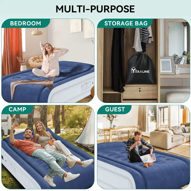 air mattress with built in pump 17 high raised inflatable bed portable foldable self inflating airbed with non slip bottom carry bag 800lb capacity blue white pvc for travel indoor outdoor use ideal for Product details 0