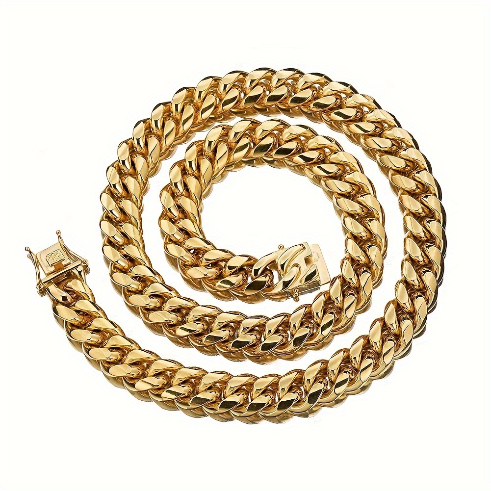 

Miami Cuban Link Chain For Men Golden Plated Stainless Steel 14mm Curb Necklace Chains