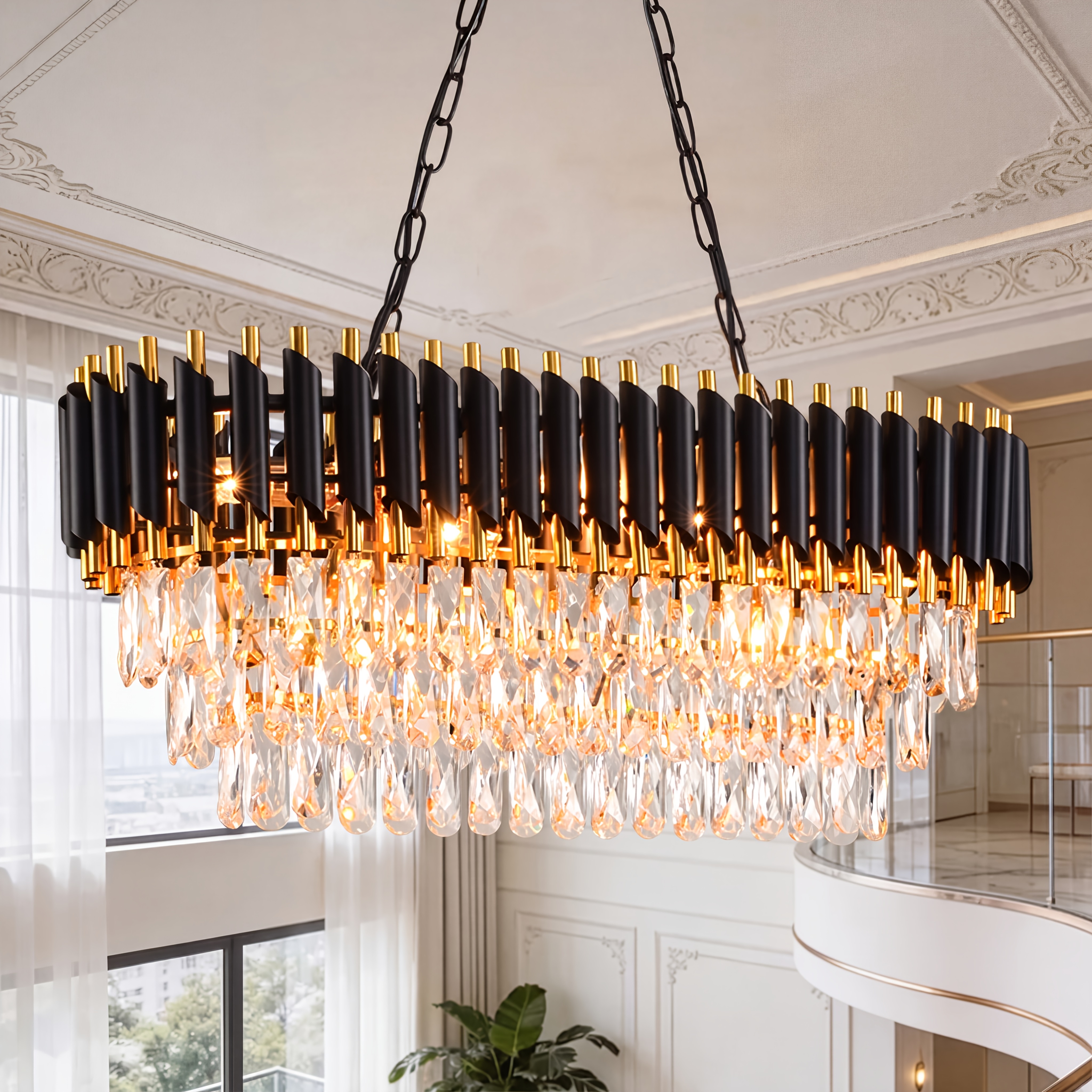 Crystal Chandelier Black Golden 8-head Crystal Chandelier Oval Contemporary Kitchen Bar Counter Chandelier L80cm E14 Lamp Holder (bulb Not Included)