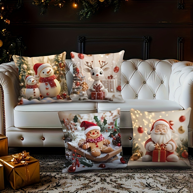 

4pcs Set Of 3d Christmas Print Cushion Covers - Vibrant Holiday Decor, Zippered Polyester Pillowcases, Machine Washable, For Sofa, In Sizes