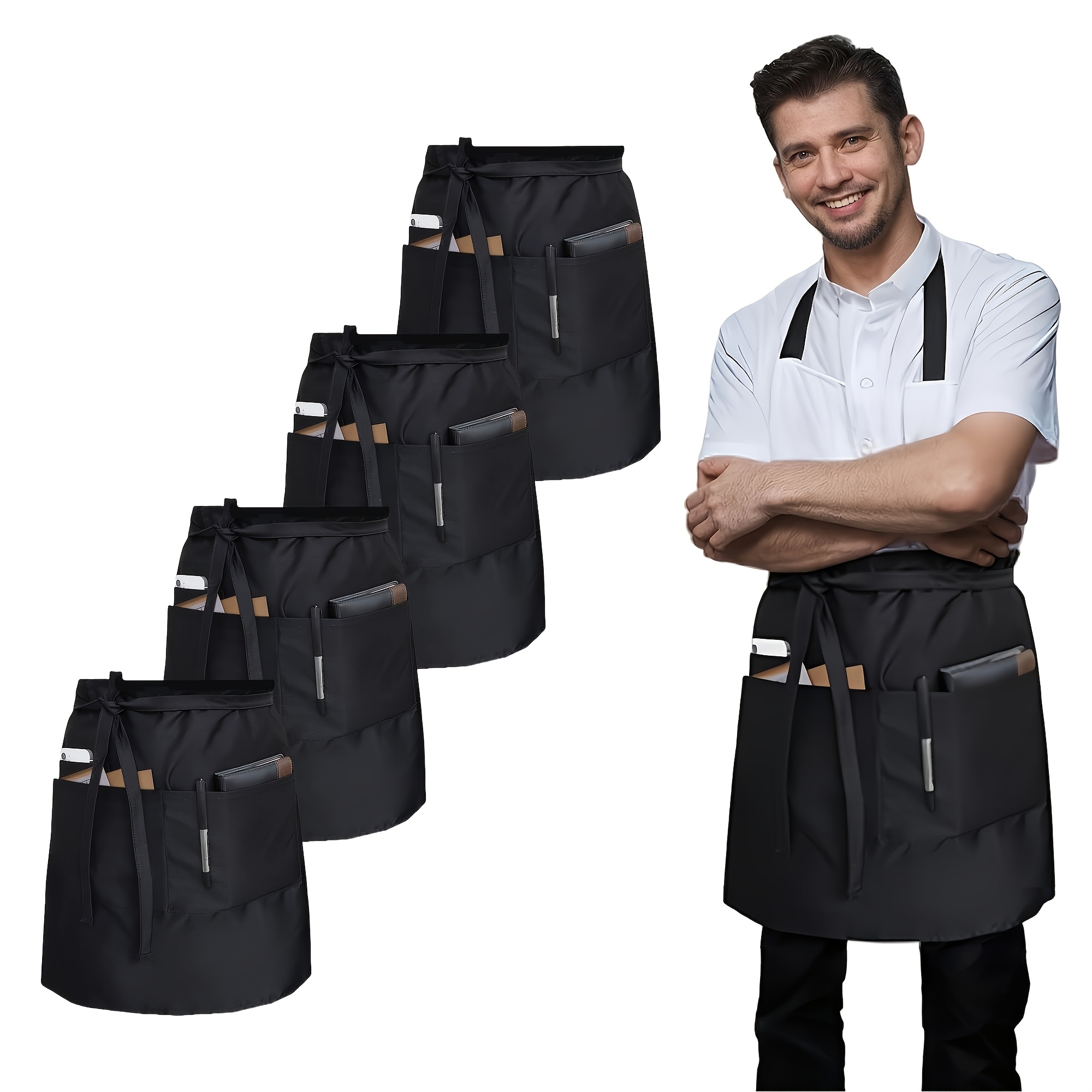 Image of 4pcs Set Of Mid-length Black Half Aprons With 3 Pockets, Dual-use For Home And Restaurant Waitstaff, Suitable For Coffee Shops And Restaurant Servers, Solid Color