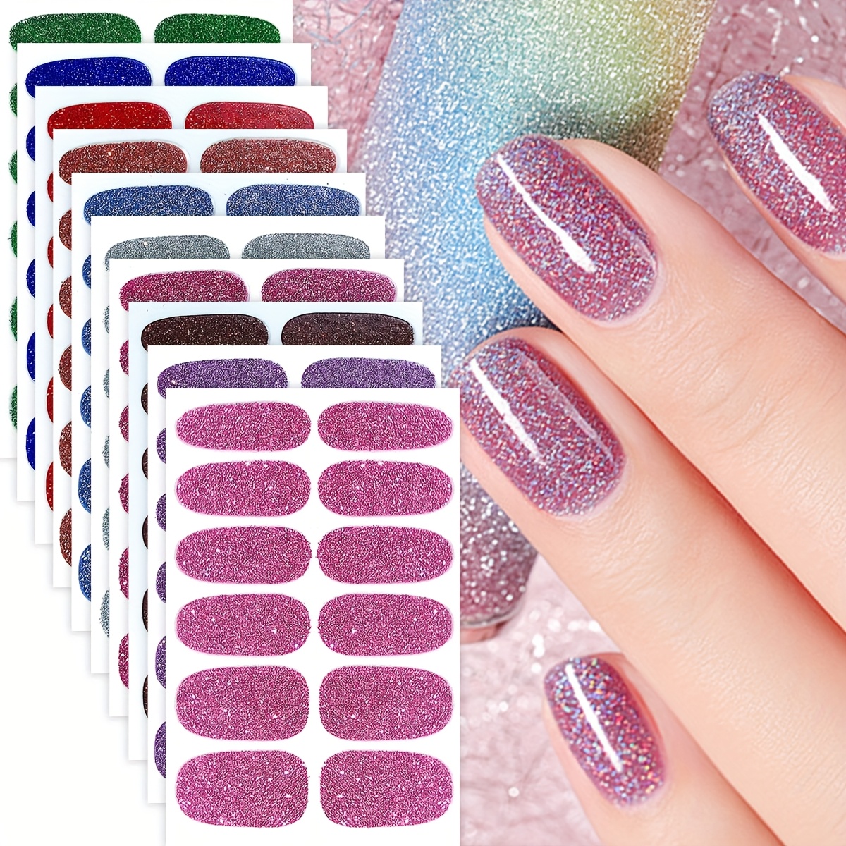 Image of 10 Sheets Glitter Nail Strips Compatible For -free - Full Wrap Oneshot Nail Decals With Sparkling Pink Shiny, Pre- Strips For Women &, Spring Summer Nail Art (no Required)