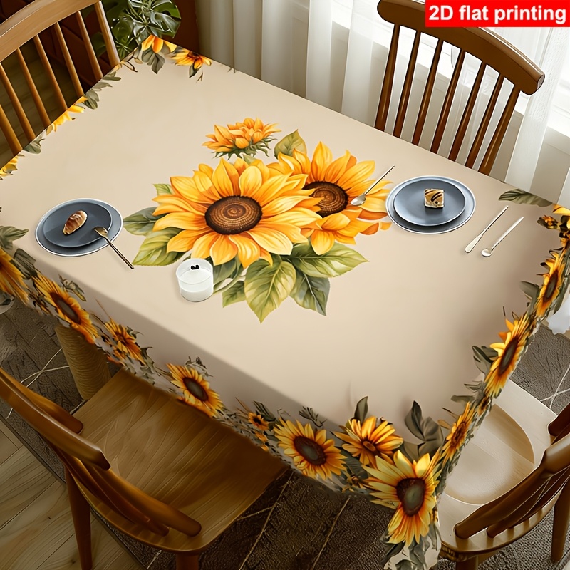 TEMU 1pc Yellow Sunflower Print Tablecloth | Polyester, Machine Washable, Lace Trim Design, Suitable For Indoor And Outdoor Decoration, For Parties