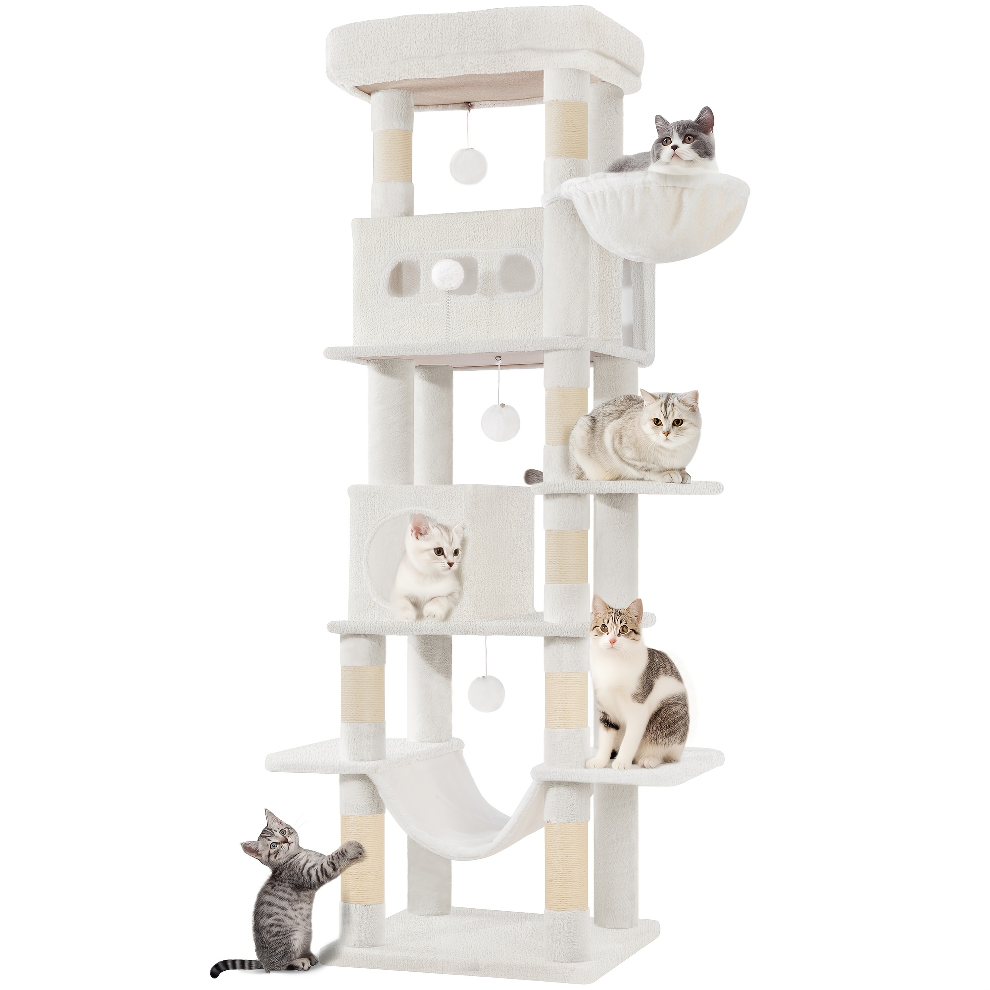 Tall Cat Tower, 170 Cm In Height, Featuring 8 Scratching Posts, 2 Hideaways, Spacious Platforms, A Washable Mat, A Hammock, Plush Balls, And A Design, In Cream