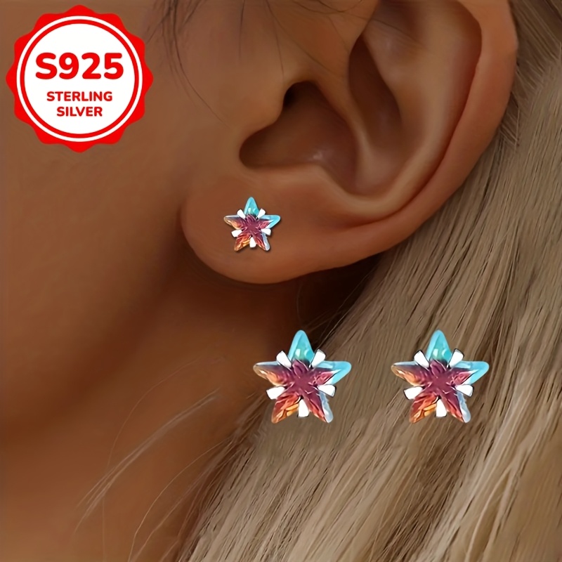 E-shop Paar S925 Silberne Damen Ohrringe mit farbigen synthetischen Zirkonia-Sternen und Quasten, stilvoll & elegant für Freizeitkleidung,