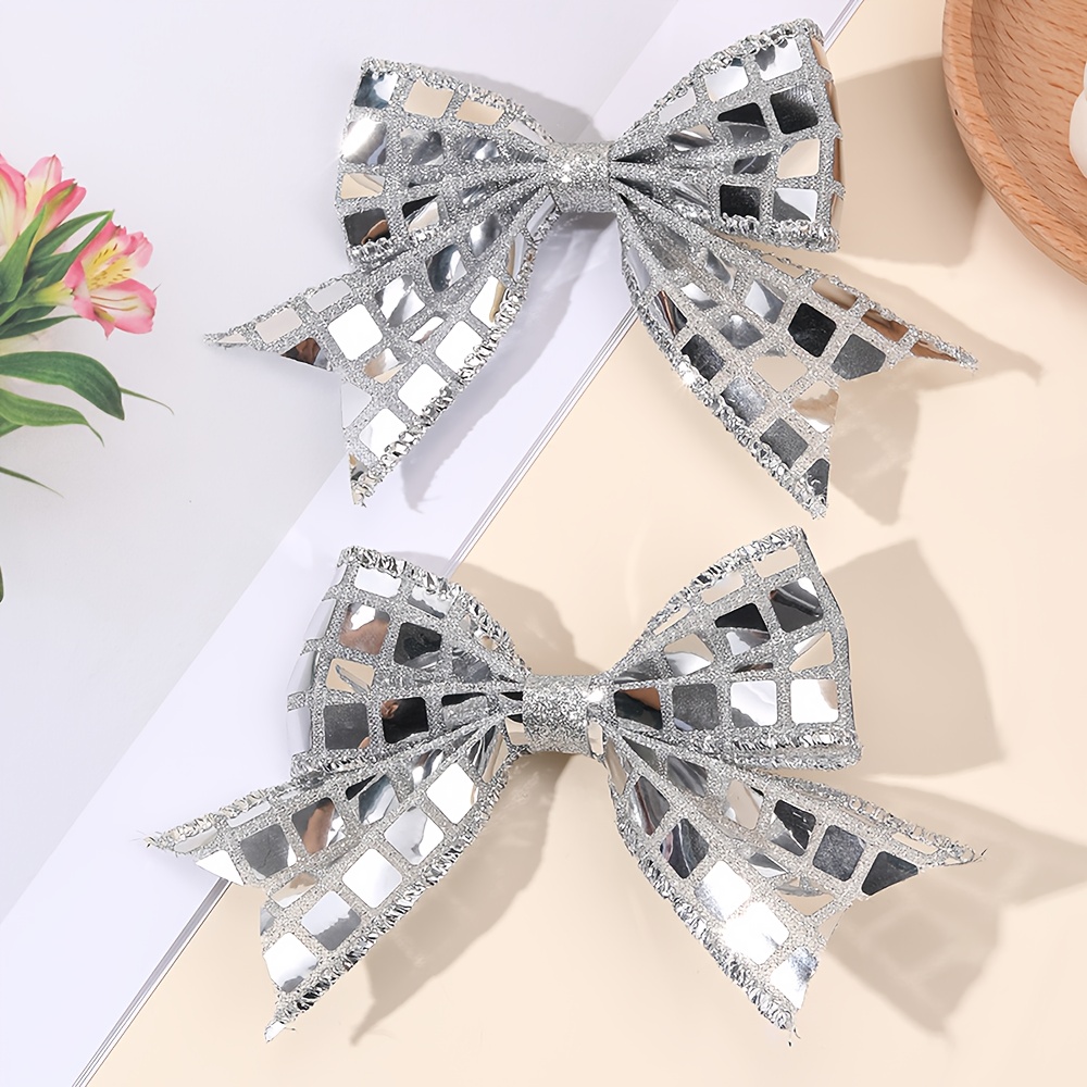 TEMU 2pcs Sparkly Mesh Bow Hair Clips Silvery Glitter Design Style Ideal For A To Hairstyles Parties Concerts And Night Out Looks, Concert Hairstyle