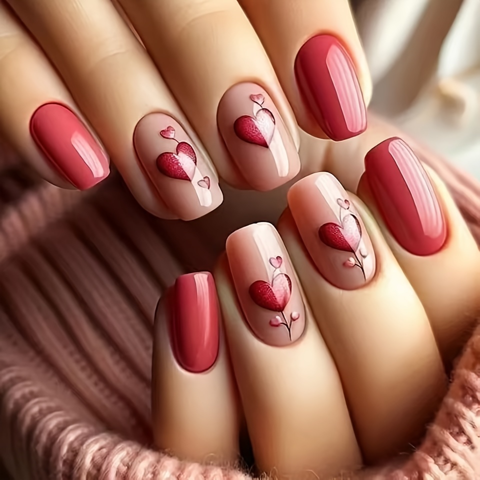 

24pcs Ensemble de Nail pour la Saint-Valentin - Ongles Press-On Rouge Brillant & Rose avec de Cœurs, Carrée Courte, Inclut Coupe-ongles & Colle en Gelée, Idéal pour le Port , Charms d'Art des Ongles