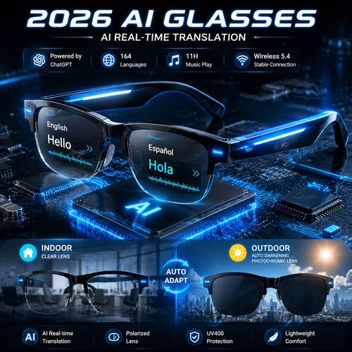 2026 ai glasses for men and women smart glasses ai real time translation with 164 languages 6h automatic color changing glasses automatically turn into black sunglasses under sunlight