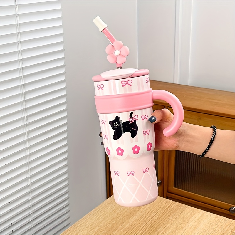 1pc whimsycat 1l 스테인리스 스틸 단열 텀블러, 손잡이 및 빨대 포함, 미끄럼 방지, bpa 프리, 재사용 가능한 커피 머그, 사무실 및 자동차 사용, 손세척만 가능