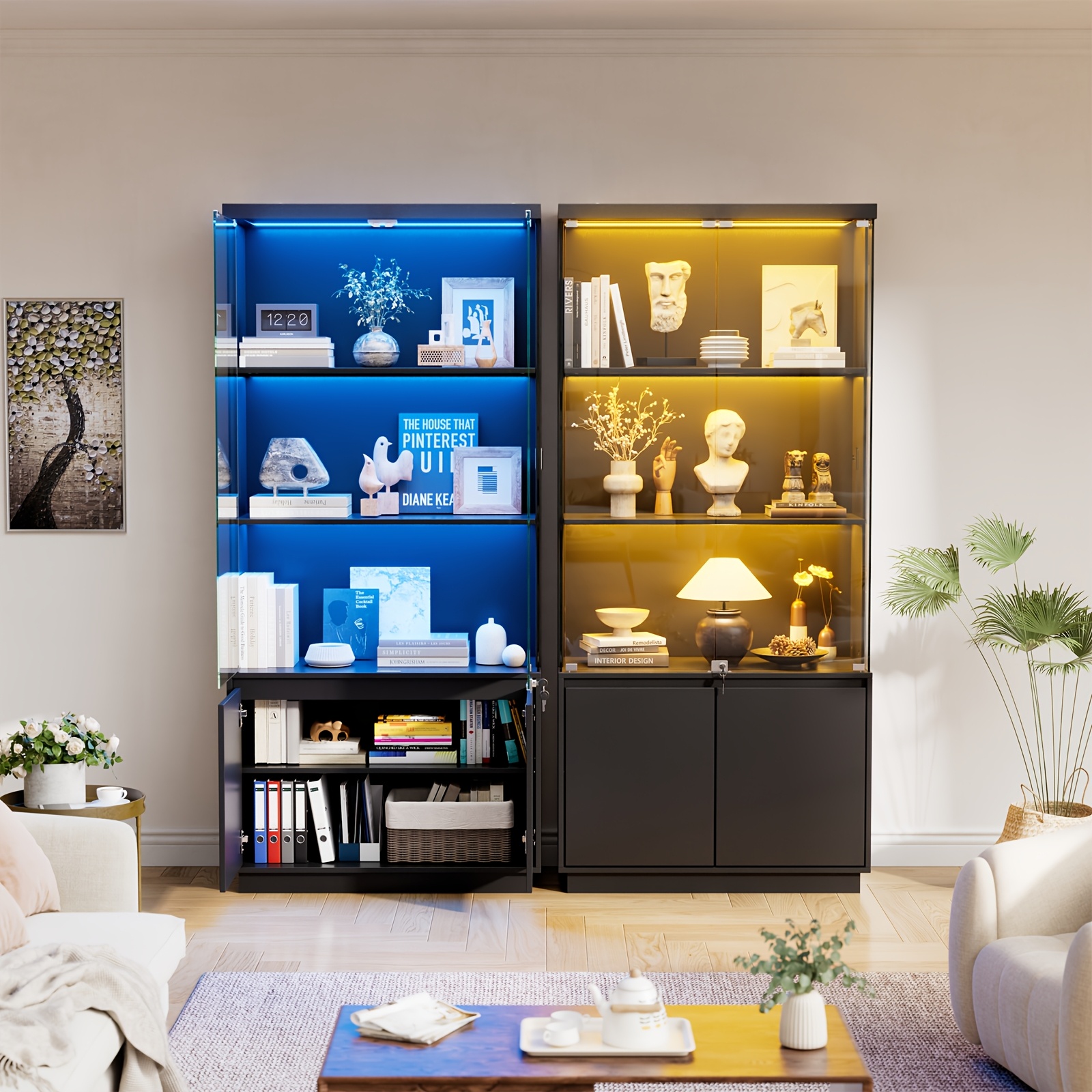 Image of Glass Display Case, Display Case With Led Lights, Black, 75 X 38 X 180 Cm, With 4 Shelves, 2 Doors, Safety Lock, And 1 Storage Cabinet. Dustproof Display Case, Bookshelf, Wine Cabinet