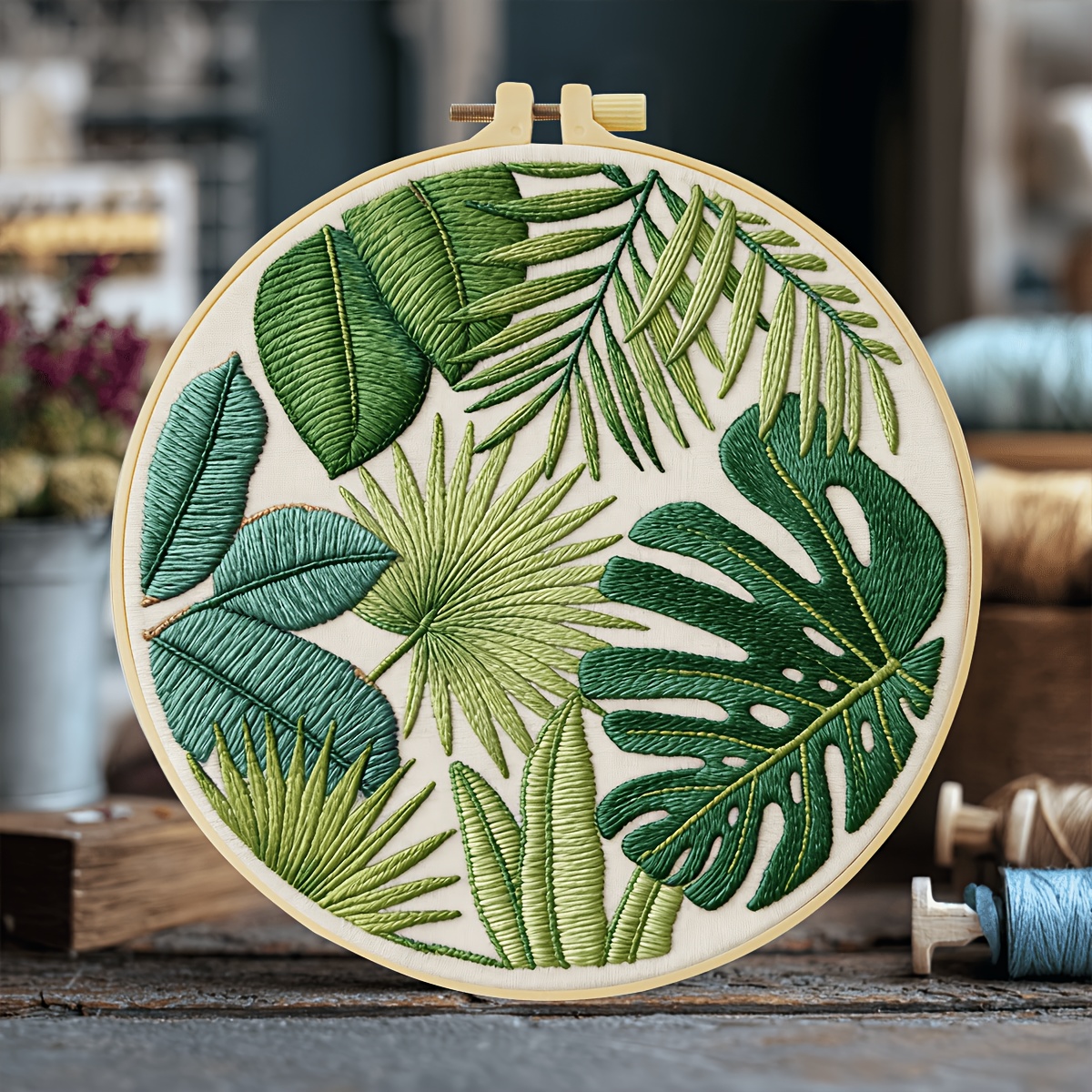 TEMU New Embroidery Kit, 20x20cm/7.9x7.9inch, Green Leaves, Handmade Diy Embroidery Kit, Suitable For Diy Embroidery Lovers For Adult Beginners,
