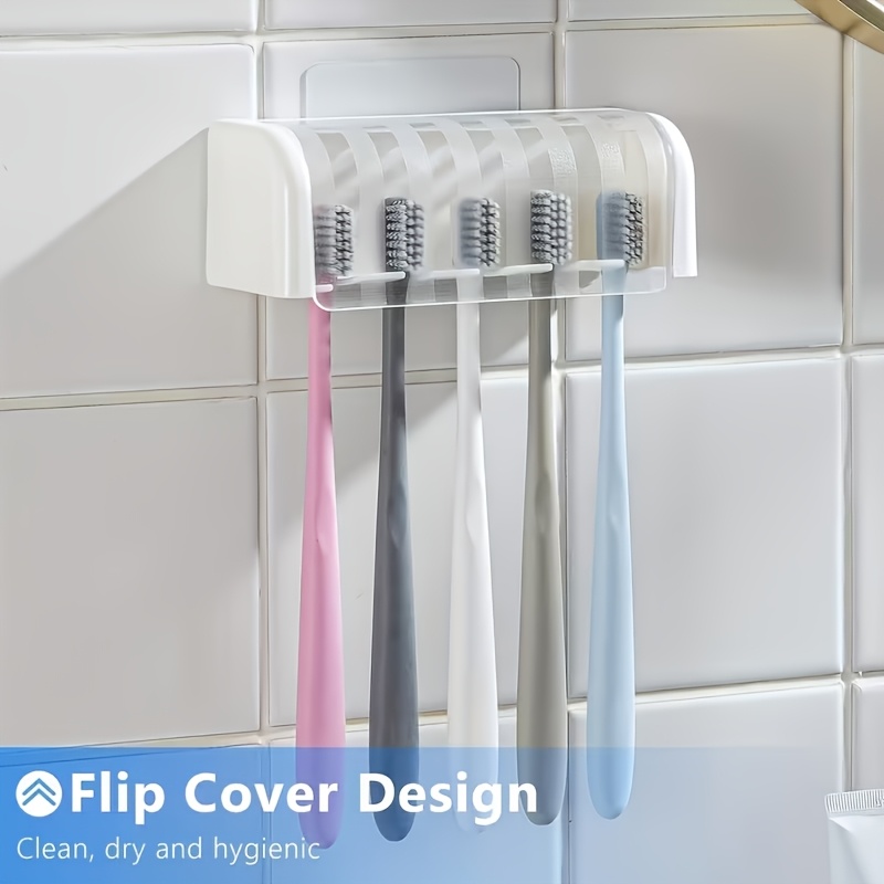TEMU *zxf 5-slot Toothbrush Holder With Lid, Self-adhesive Wall-mounted Toothbrush Storage Rack, Plastic Bathroom Supplies, Suitable For Dormitories