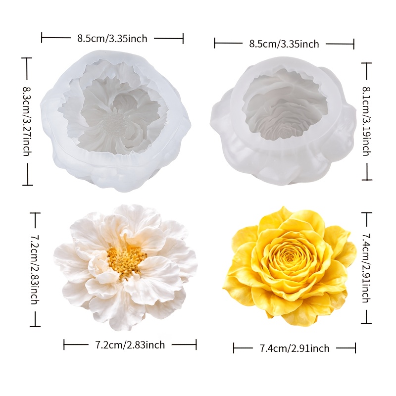 E-shop Harzgießformen 2 Stk. dreidimensionale Silikonform mit Kombination aus gelber Rose & silbrigem , doppelte Blütenkombination, mit frischer