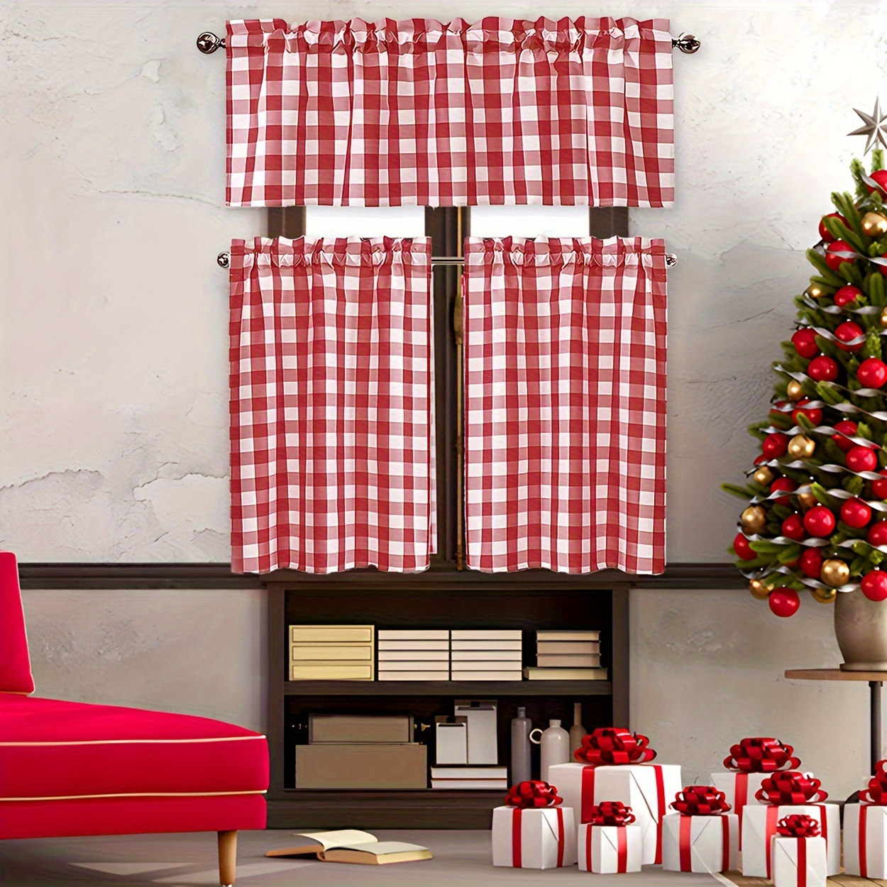 

3pcs Gingham Curtain Set, Kitchen Window Treatment, Washable Polyester Fabric, Rod Pocket Hanging